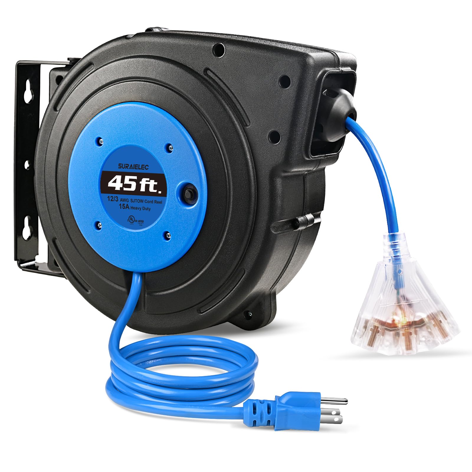 suraielec 12 gauge retractable extension cord reel, 60 ft 12 awg/3c sjtow heavy duty power cord, 3 outlets triple tap, 15 amp circuit breaker, ceiling/wall mount, ul listed