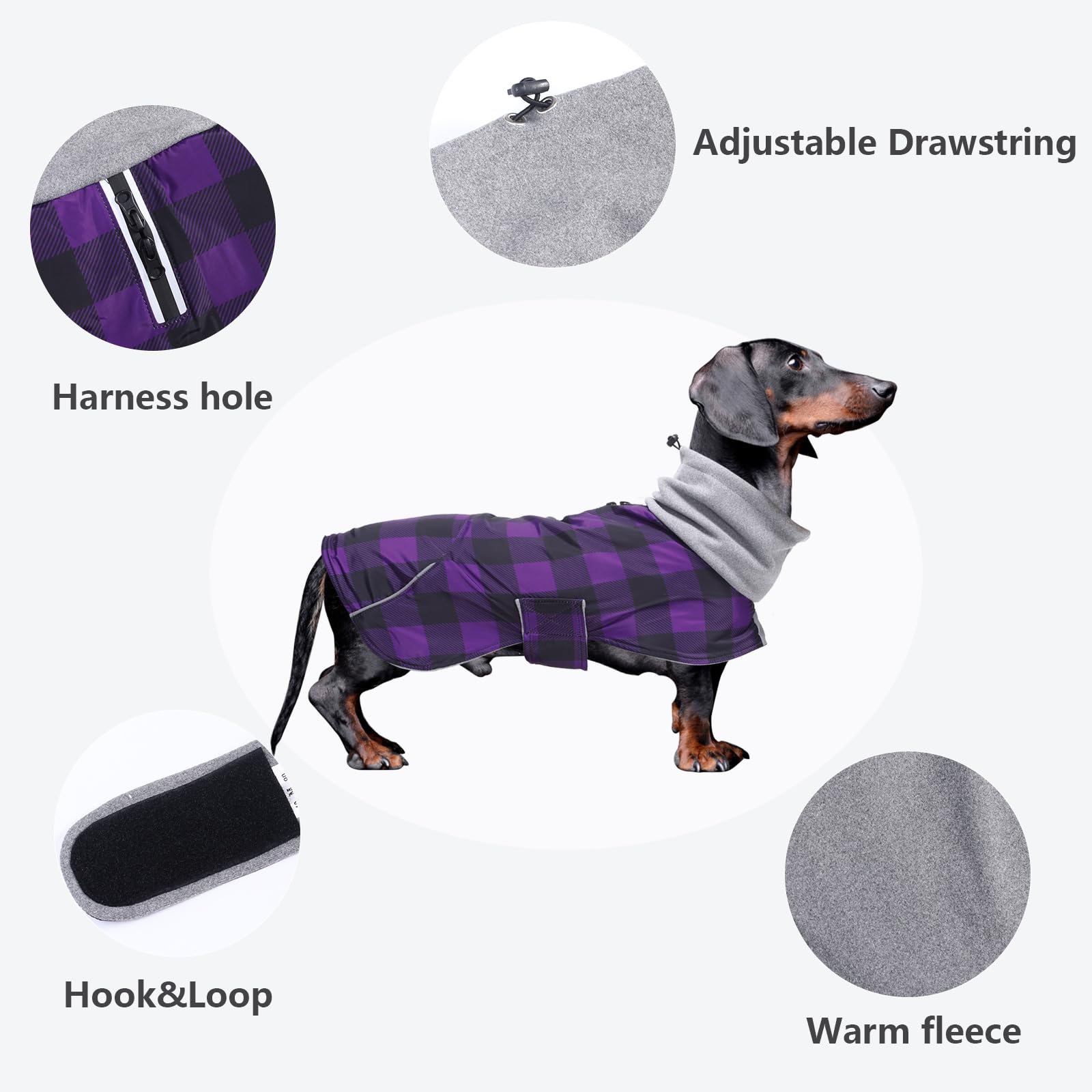 Morezi Dachshund Coats Waterproof Suitable for Dachshunds Sausage Weiner Dog Winter Coat Padded Fleece Puppy Snowsuit with Adjustable Bands Reflective Stripe PlaidPurple S - Image 4