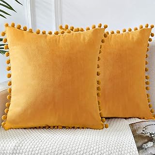 Baixtuo Housses de Coussin en Velours,Canapé Home Decor Taie d'oreiller, Soft Velvet Throw Pillow Covers Housse de Coussin décorative carrée avec des Boules Housse de Coussin (Jaune)