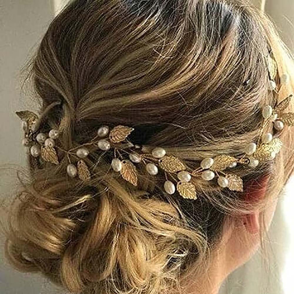 Clataly Diadema de novia con forma de planta trepadora dorada con hojas, diadema de perlas para novia, accesorios para el pelo para mujeres y niñas
