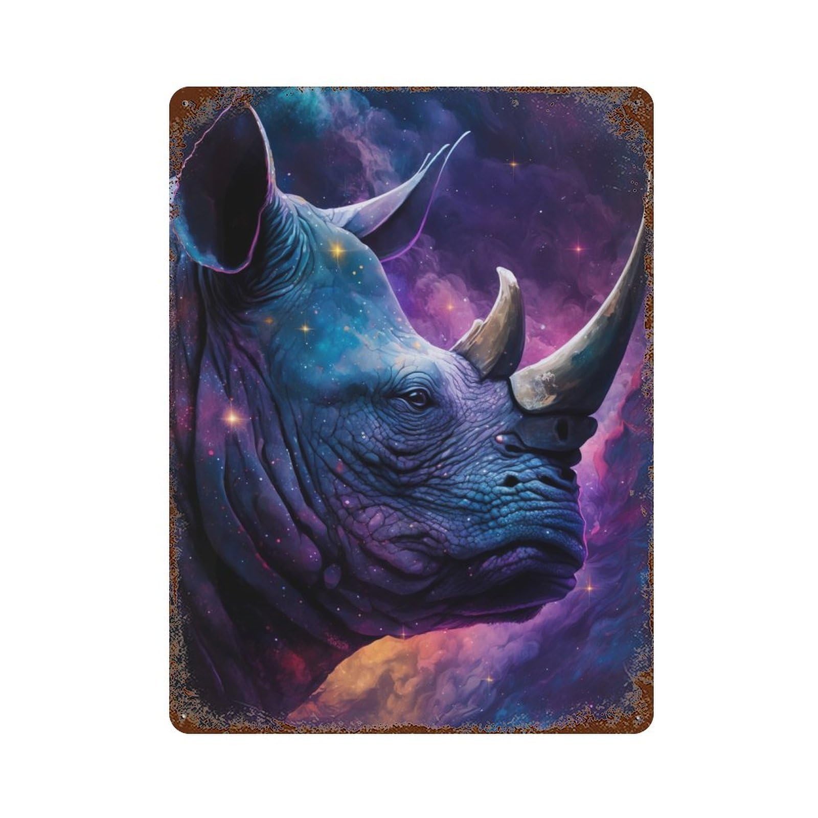 Cosmic Rhino Portrait-3 Weathered Tin Sign 15.7"x11.8", for Basement, Hobby Room And Garage Decor, Rustic Home Decor