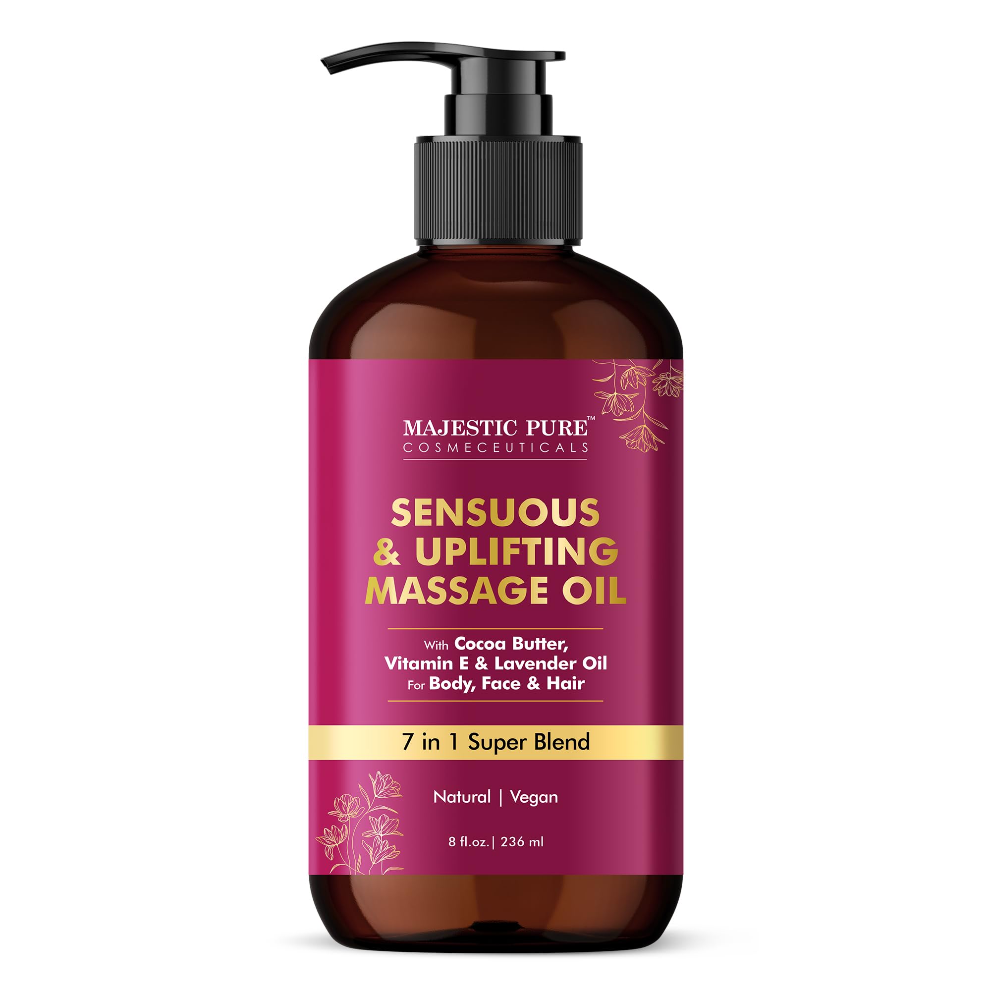 Majestic Pure Cocoa Massage Oil with Cocoa Butter, Vitamin E & Lavender Oil | Invigorating, Refreshing, and Relaxing |for All Skin Types - Men and Women | 8 Fl Oz