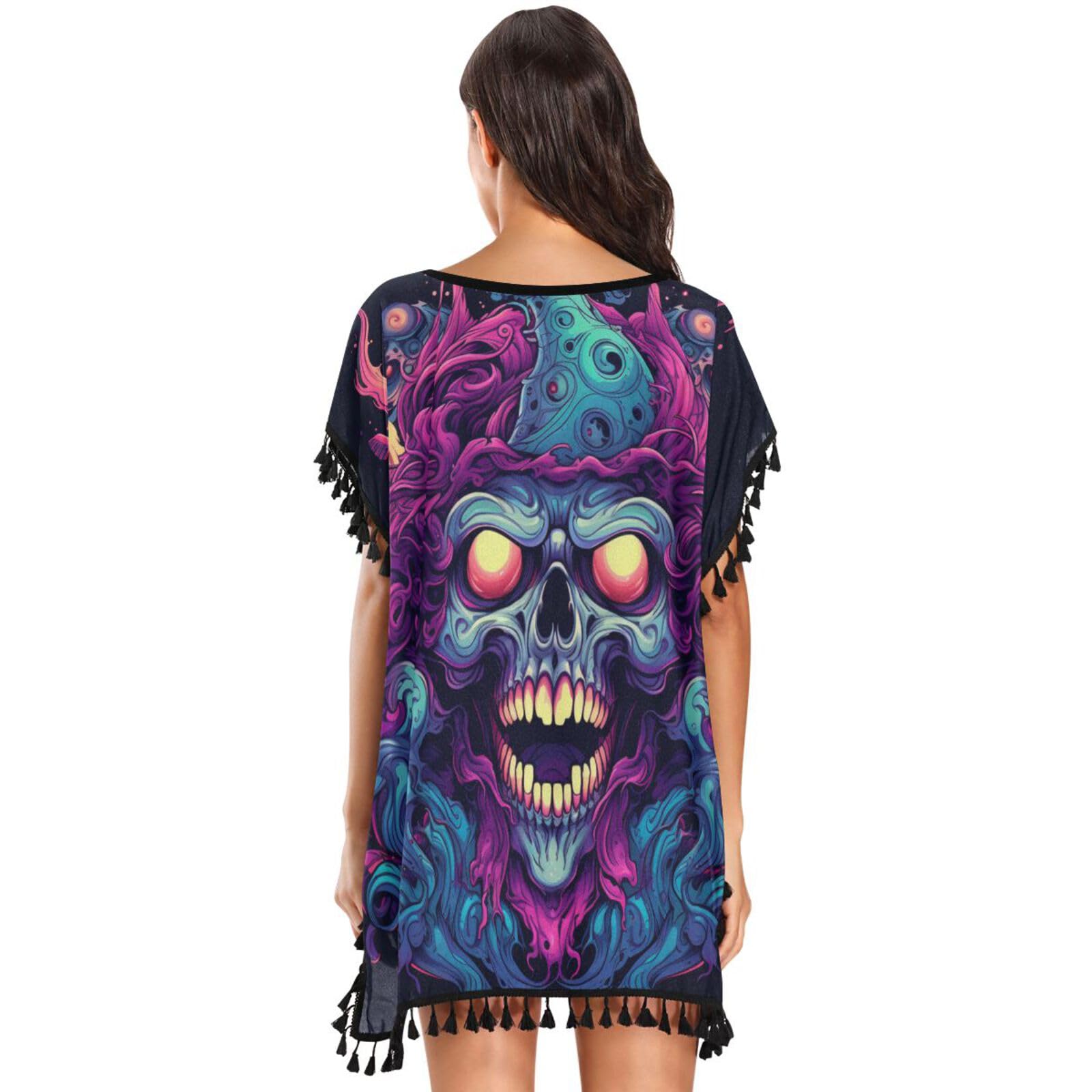 Cool Blue Skull Abstract Art Women's Beach Cover Up Chiffon Tassel Swimwear Swimsuit Coverups for Girl