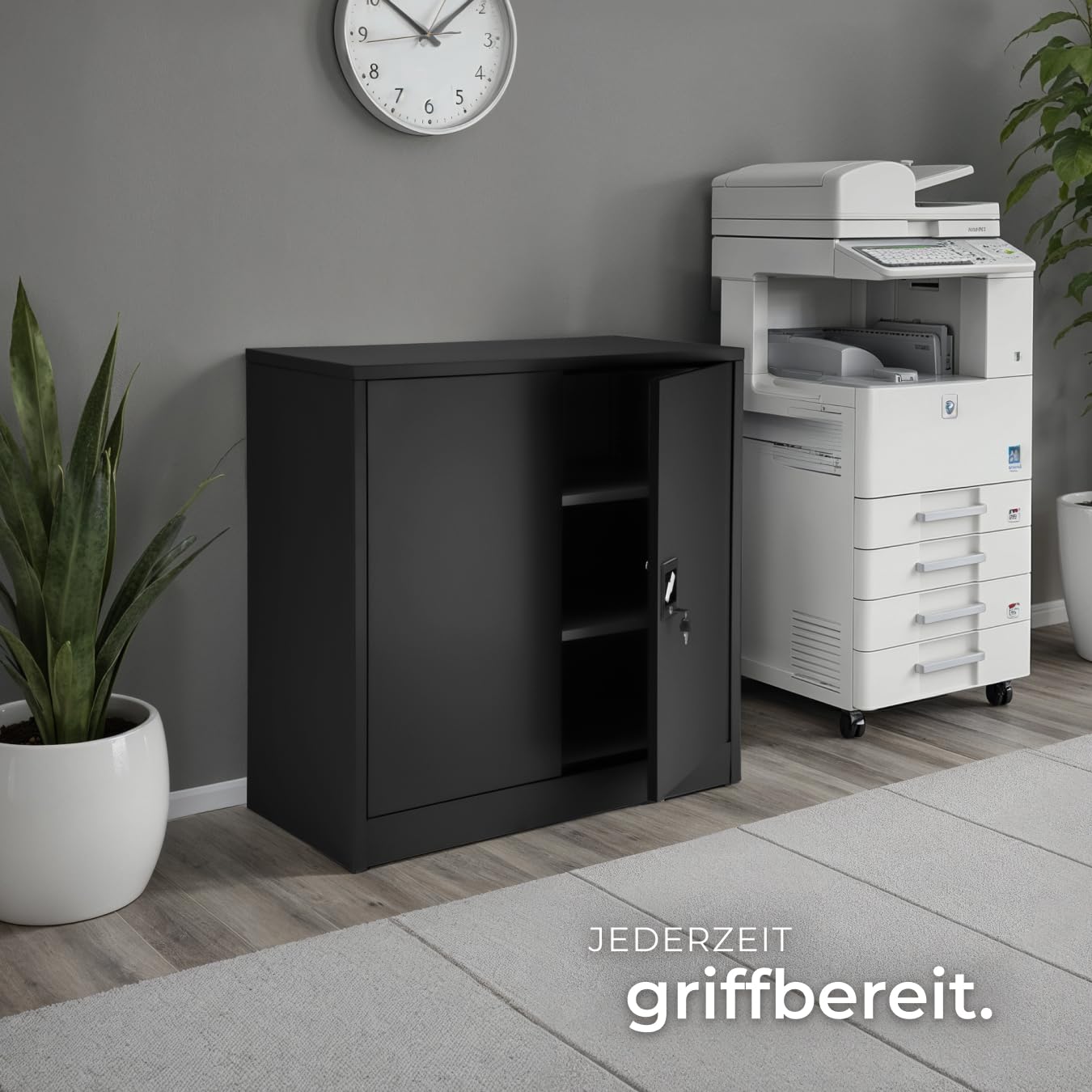 tectake® Aktenschrank abschließbar, Metallschrank mit Sicherheits-Zylinderschloss, Büroschrank abschließbar, Mehrzweckschrank aus Stahl, 3 höhenverstellbare Einlegeböden, 90 x 40 x 90 cm - schwarz