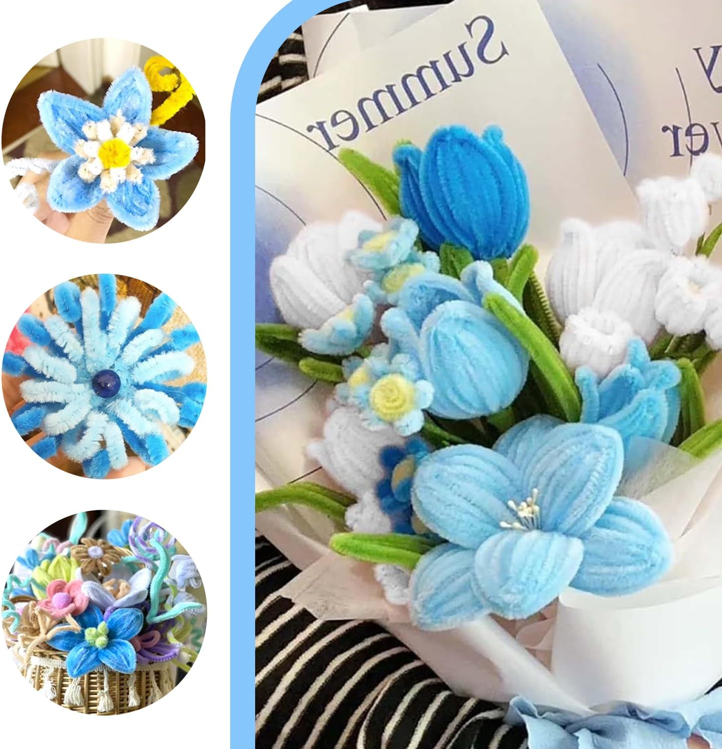 500 Pcs Pipe Cleaners Craft，Pipe Cleaner Bulk Flower Kit，6 Colors Chenille Stems Flower Kit for DIY Handmade Whit Ribbons，Stems,Tape，Stamens, Glue Sticks，Gift for Art Project Activity (Blue)