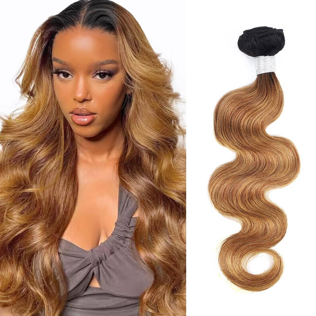 Honey Blonde Human Hair Bundles Body Wave Tone Ombre Bundle 1b/27 Black  to Honey Blonde Double Weft No Tangle Bundles Human Hair(100g/Bundle, 20