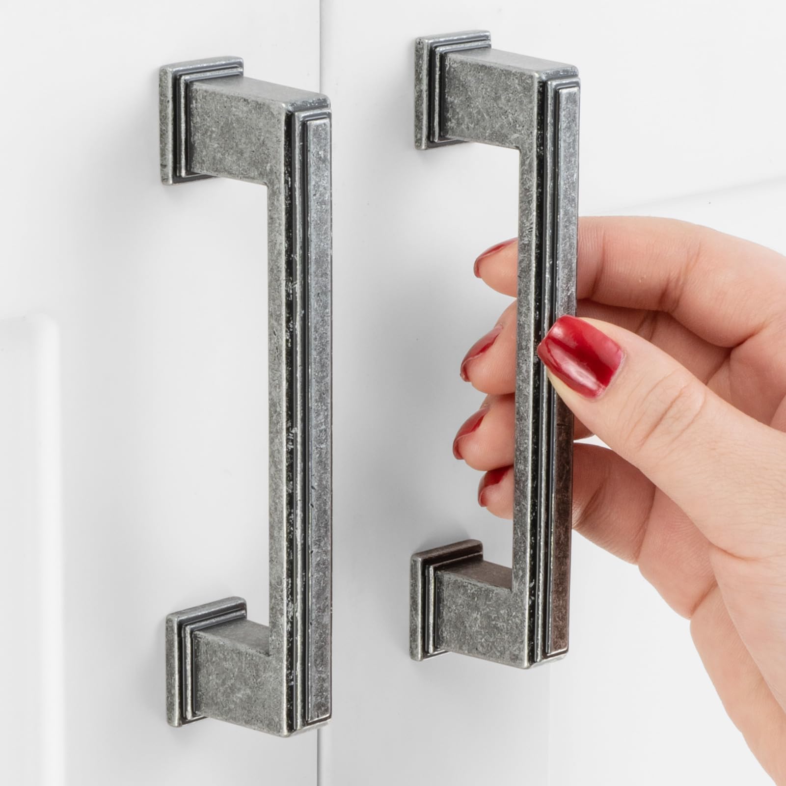 10 Pack 3-3/4 Inch Hole Centers, Antique Iron Cabinet Pulls Antique Silver Cabinet Handles Vintage Iron Kitchen Hardware for Cabinets ZP2206 Drawer Bedroom Dresser Bathroom Vanity Cupboard