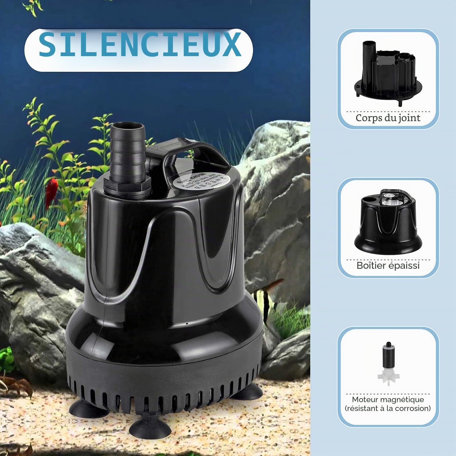 hygger Pompe à eau Pour Aquarium, 800 L/H 18W Ultra Silencieuse Mini Pompe à eau Submersible Avec 2 Buses Pour étang, Fontaine, Aquarium, Jardin