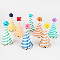 Meri Meri Striped Cone Party Hats, Pack of 8 Colorful Birthday Hats with Honeycomb Balls for Kids & Adults