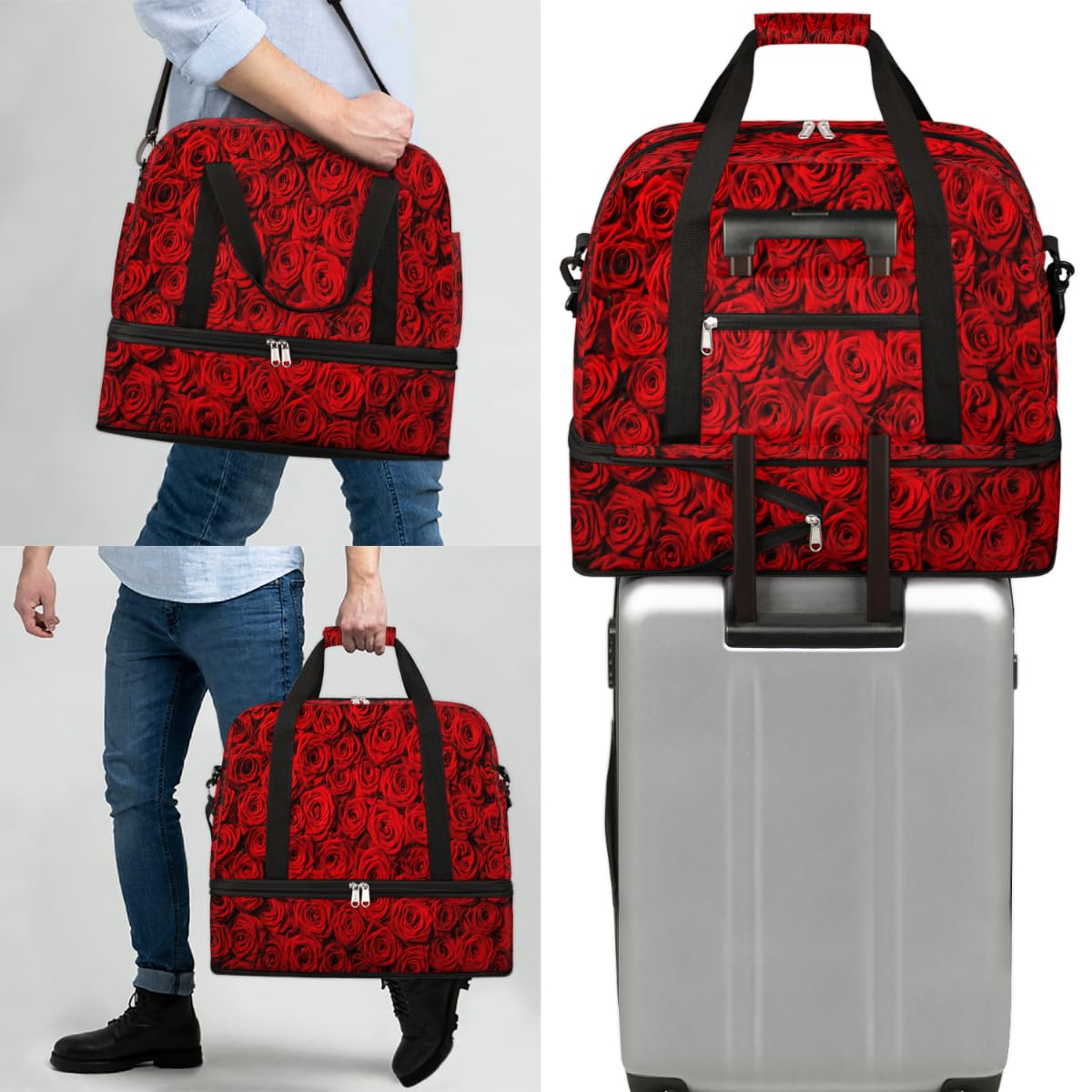 Bolsa de viaje plegable con diseño de rosas rojas de 47 l, bolsa de fin de semana con funda para carrito de transporte, bolsa de hombro separada para deportes, gimnasio, viajes, multicolor, 47L, Bolsa