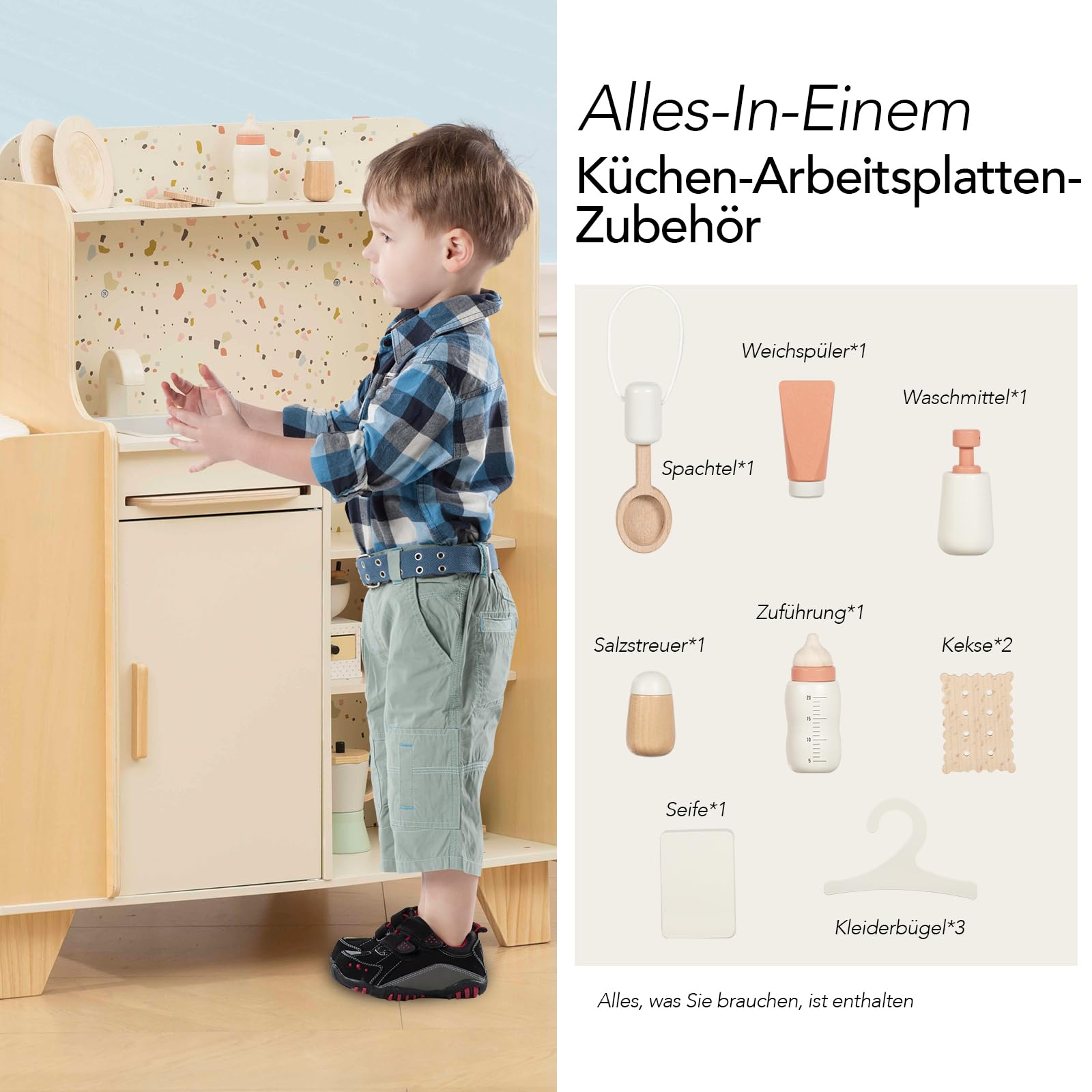 Holz-Spielzeugwiege, 4-in-1-Holzspielset zur Babypflege mit Wiege, Montessori-Rollenspielzeug für Kinder von 3 bis 9 Jahren, Geschenk für Jungen und Mädchen