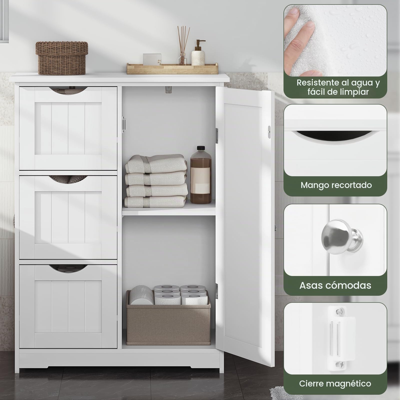 EUGAD Mueble Baño con Cajones, Armario de Baño con Estante Ajustable, Mueble Baño con 3 Cajones, Unidad de Almacenamiento de Baño, Salón, Habitación y Cocina, Cómoda Blanca, Madera MDF, 60x30x81 cm