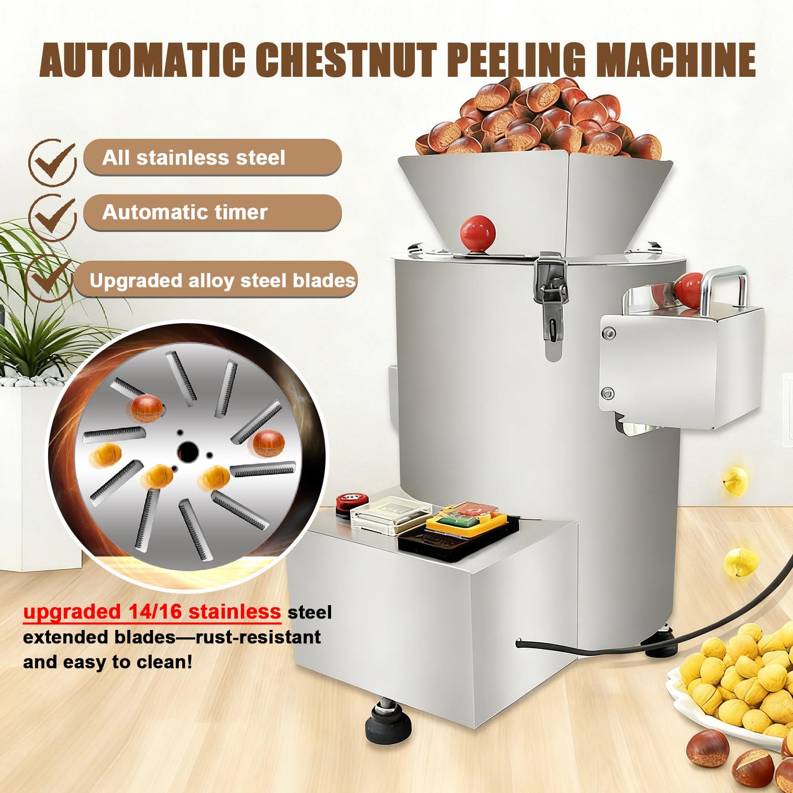 Peladora De Castañas Automática, Alta Capacidad De 200-300 Kg/H, Cuchilla De Acero Aleado Mejorada, Cuerpo De Acero Inoxidable, Con Temporizador Para Uso En Tiendas Y Puestos 14blade-Plugin