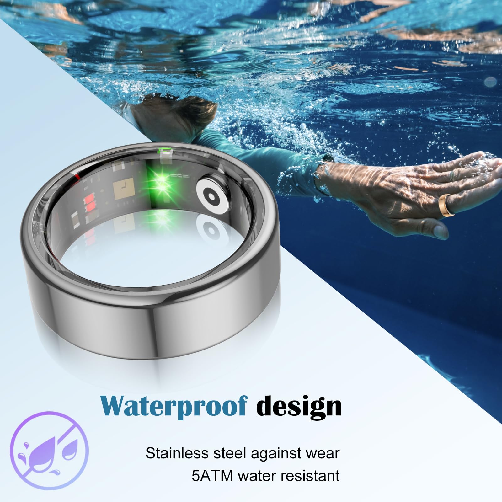 Anello intelligente per la salute per donne e uomini, fitness tracker con frequenza cardiaca, monitoraggio del sonno, ossigeno nel sangue, passi, impermeabilità IP68, durata della batteria fino