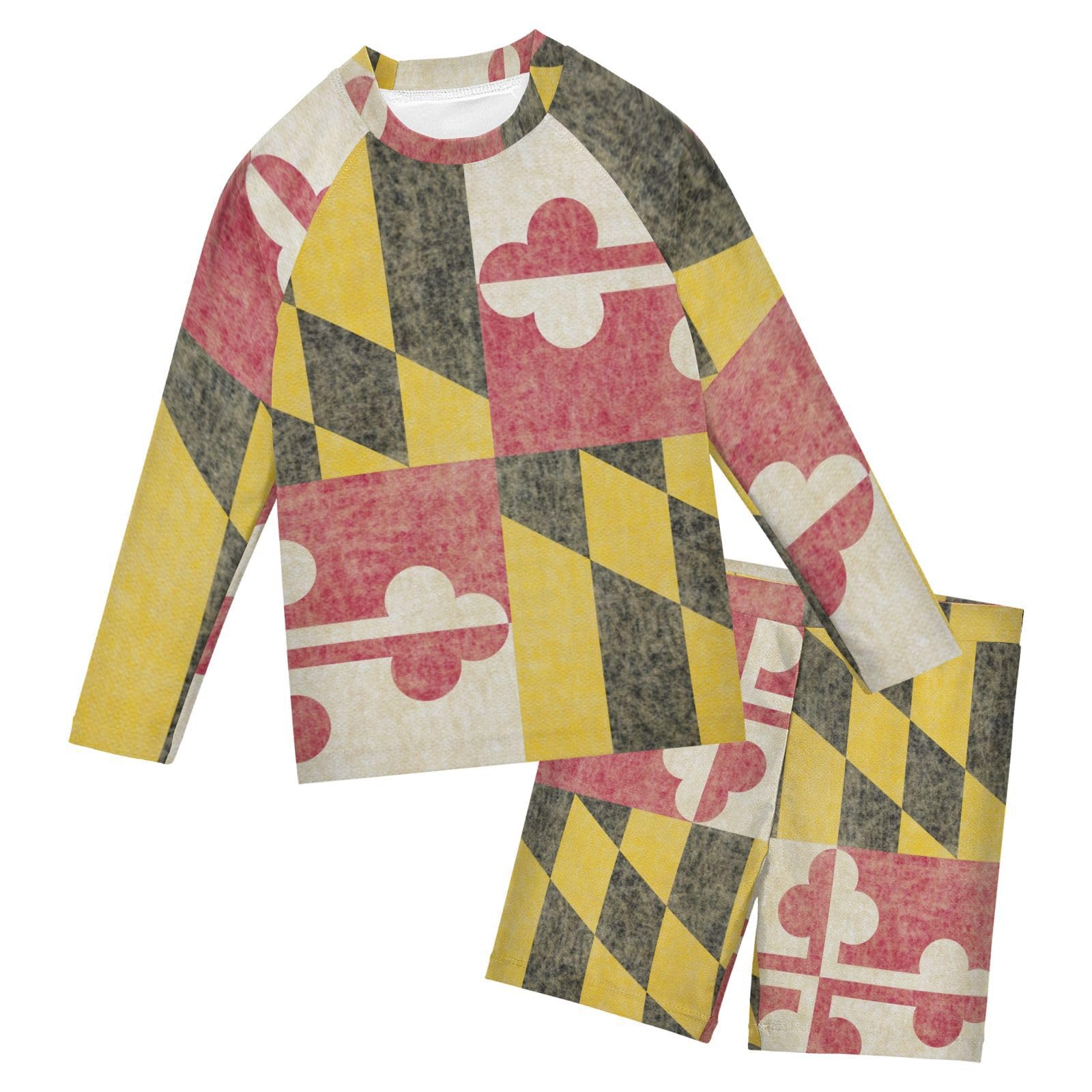 Aflyko Patriot Boys' Rash Guard Set Maryland Flag Antique Crewneck Swim Shirt with Jammer Stretchy Beach Shorts Comfortable Fit Summer Daily Wear, 7-8T Multicoloured