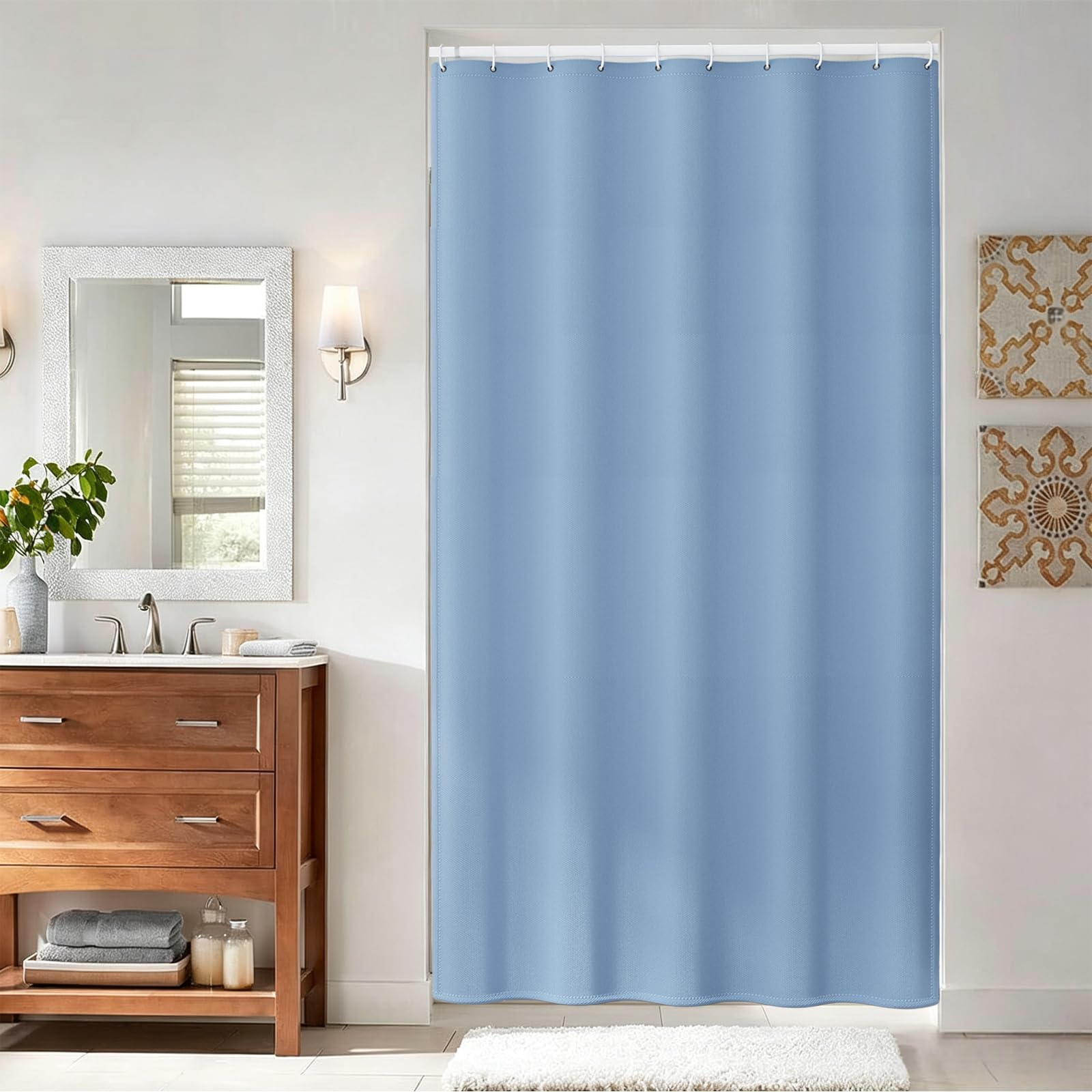 Cortina de Ducha de Tela 270 x 70 cm Cortina de Ducha Resistente Al Moho - Antimoho, Impermeable, Lavable, de Poliéster con Ojales y Anillos, para Baño, Bañera, Azul Claro