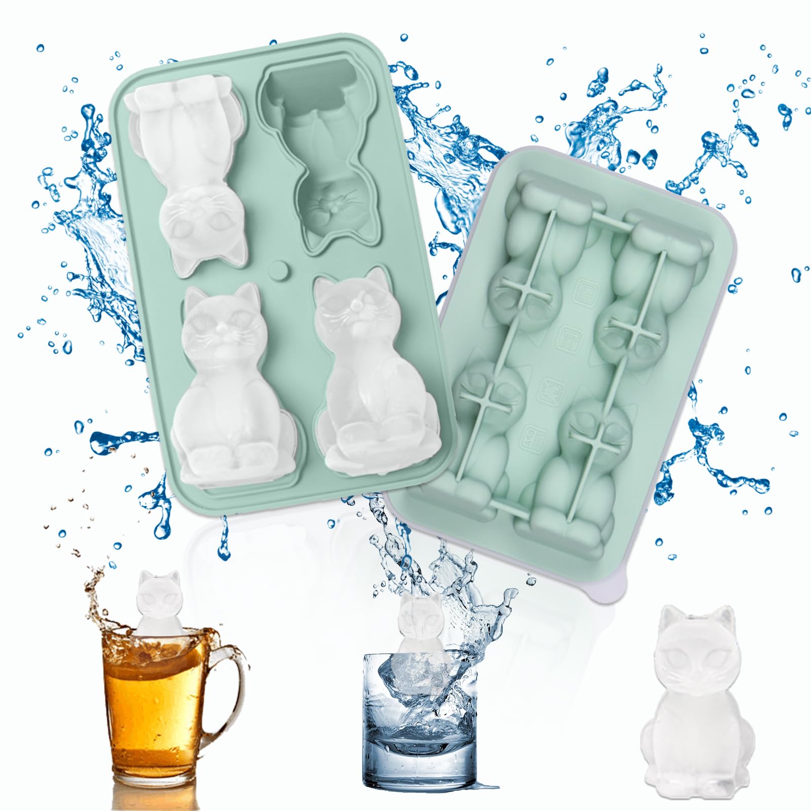 Zamety Ice Cube Tray with Lid, Cat Silicone Ice Cube Tray, 4 Cavity Reusable Icetray for Cocktail Whisky Fruit Wine Coffee, Green