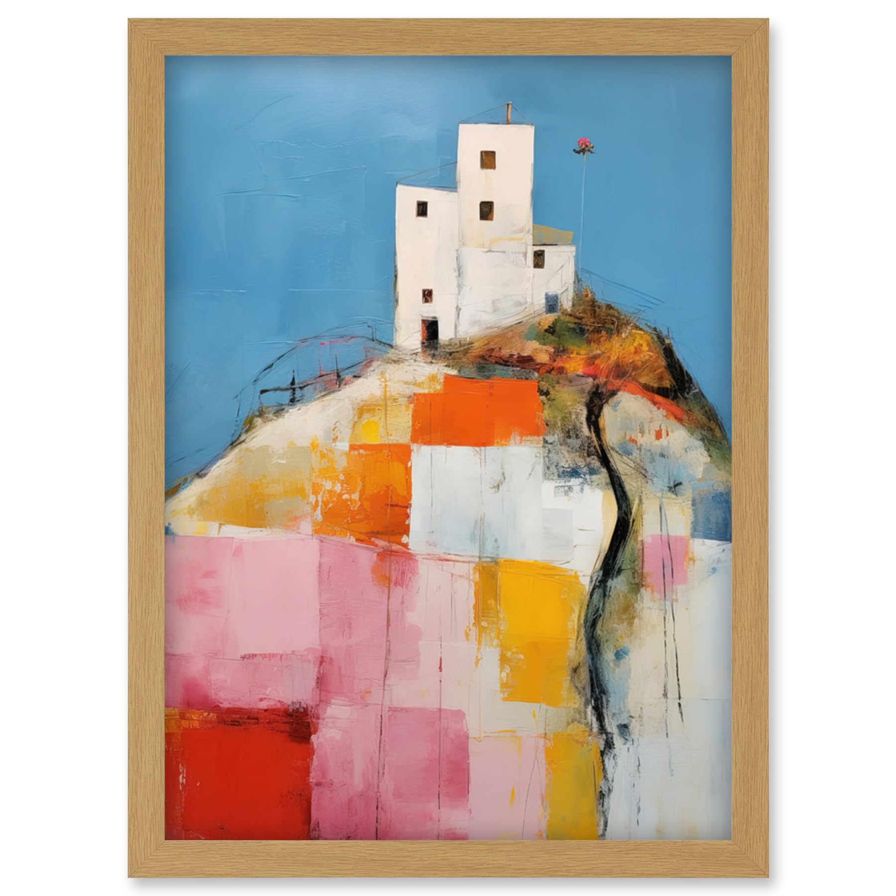 Artery8 House on the Hill Oil Painting Abstract Geometric Patchwork Palette Knife Pastel Colour Rural Landscape Artwork Framed Wall Art Print A4