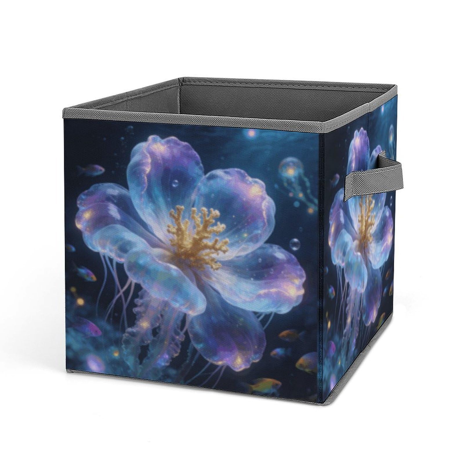 Oceanic Bloom Storage Baskets Collapsible, Exquisite Pattern Cube Box, Canvas Fabric Storage Bins with Handles, Clothe Organizer Box for Home Decorative Office Bedroom