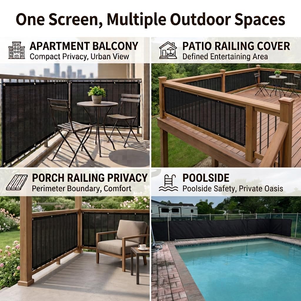 0.9X6M Privatsphäre Sichtschutz für Balkon Geländer, Sonnenschutz Balkon Netz, Wind- und Staubschutz, Mesh Stoff für Außenschutz, Pool, Terrasse, Patio, Zaunabdeckung(Schwarz)