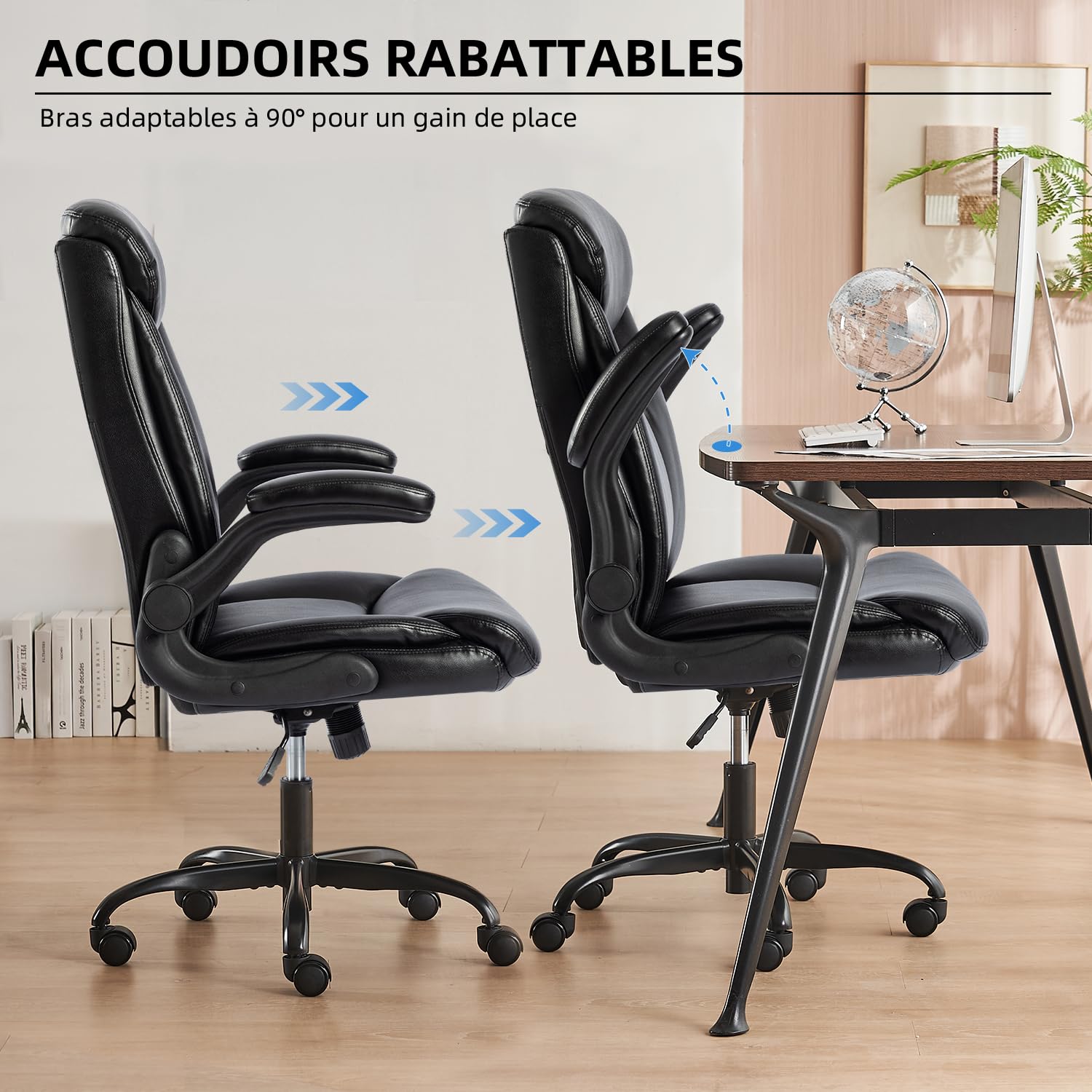 MZLEE Chaise de Bureau Ergonomique en Cuir, Fauteuil Confortable, Noir | Accoudoirs Relevables, Support Lombaire, Hauteur Réglable