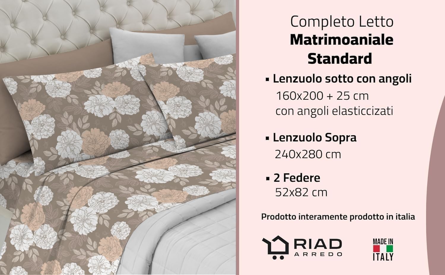 Riad Arredo Set Completo Letto 100% Cotone Morbido - Set Lenzuola con federe Mano Delicata Made in Italy (Marbella Brown, Matrimoniale Standard)