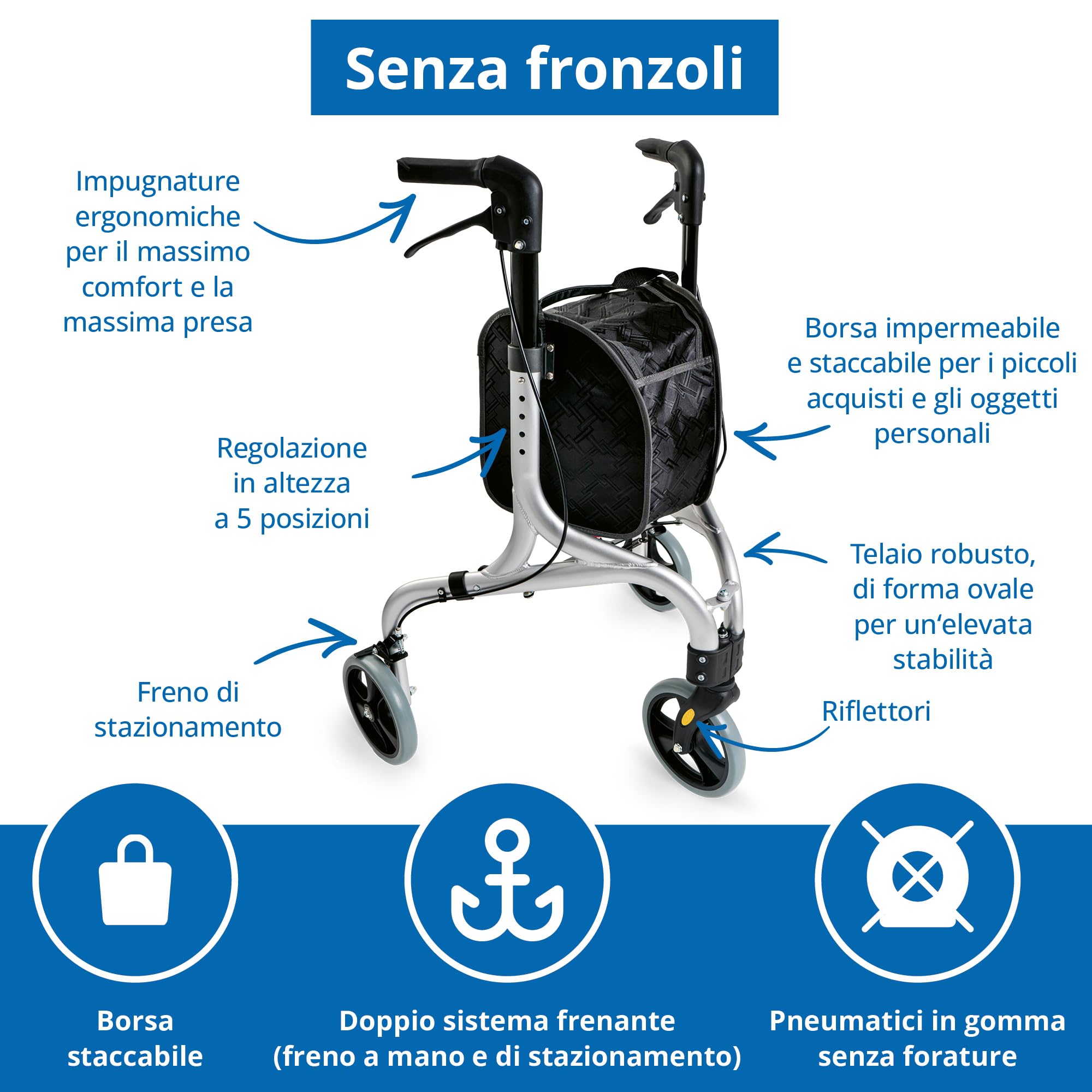 Weinberger 02217 - Deambulatore in alluminio, 3 ruote, con custodia, 4, 2 kg, colore: argento, nero