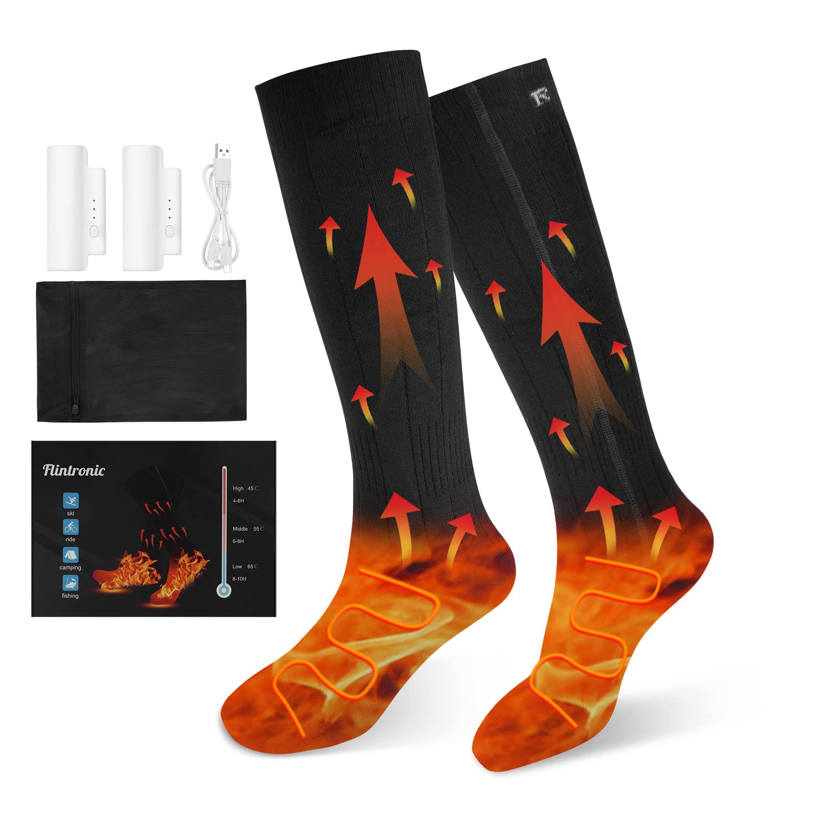 Flintronic Calcetines Calefactables para Hombre y Mujer de 2200 mAh, Calcetines Calefactores para Pies de Invierno con 3 Ajustes de Calefacción, Baterías Recargable Calcetines, para Esquí/Senderismo
