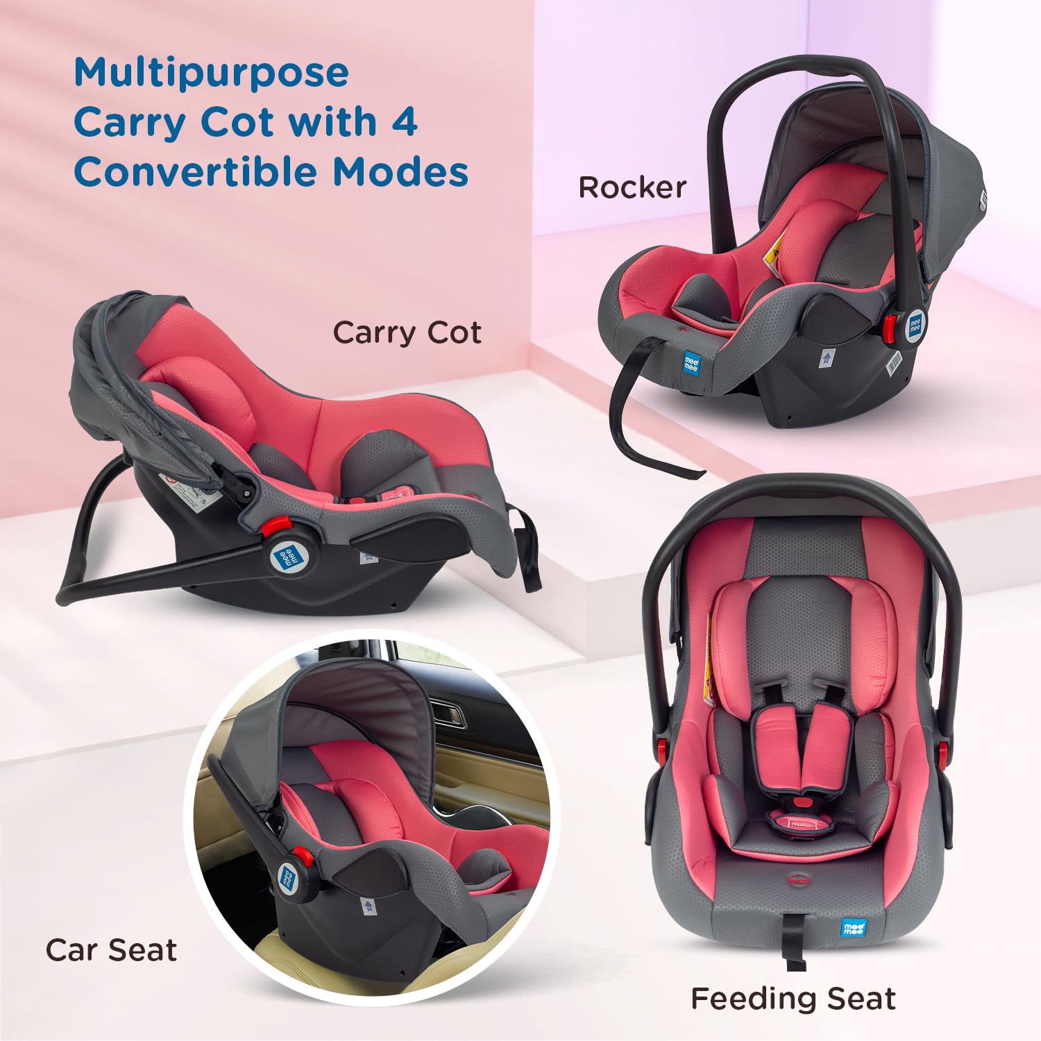 Mee Mee Little Explorer Car Seat & Carry Cot - Pink -2 Mee Mee Little Explorer Car Seat & Carry Cot - Pink -2