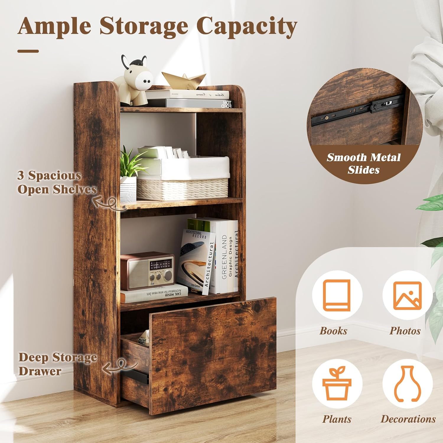 Giantex 4-Tier Bookshelf with Drawer, 41.5" Tall Bookcase with Open Shelf, 2 Anti-Tipping Kits, Freestanding Storage Cabinet Display Shelf for Living Room, Bedroom, Office, Rustic Brown