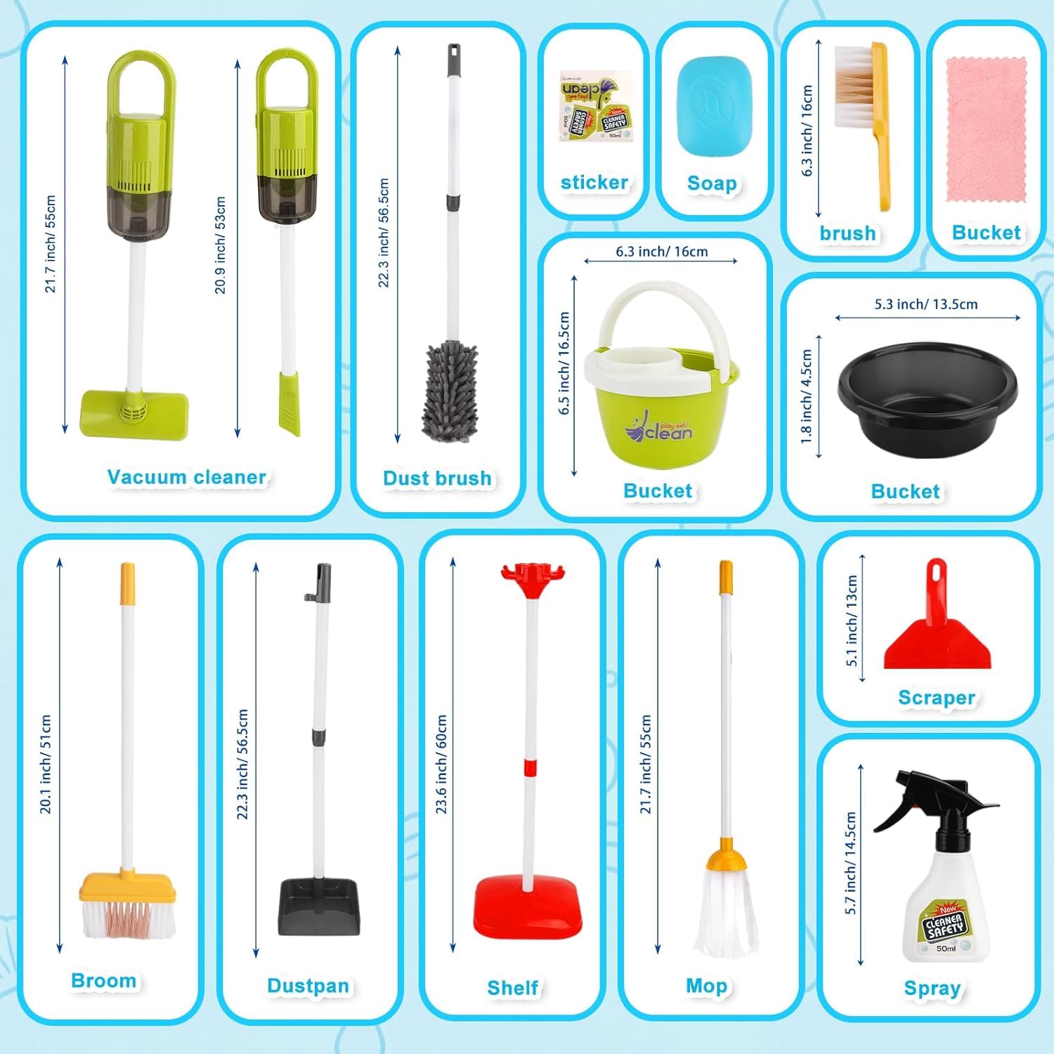 TOSUTO Aspirateur Enfant Qui Aspire Vraiment avec Fonction d'aspiration et sonore,14 Pièces Kit Menage Enfant,kit de Nettoyage,Jouet pour Enfants à partir de 3 Ans (Vert) - 4