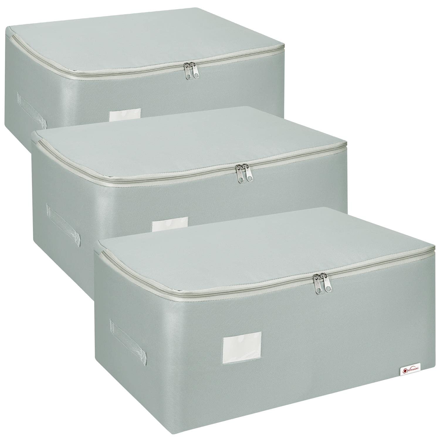 Vinsani Light Grey - Set Of 3 3Pk Storage Bags Organiser 105L Huge Capacity Double Zipper Card Markings Strong Handles Moisture-Proof Underbed Storage Moving Bag For Clothes Toys Beddings Comforter Light Grey