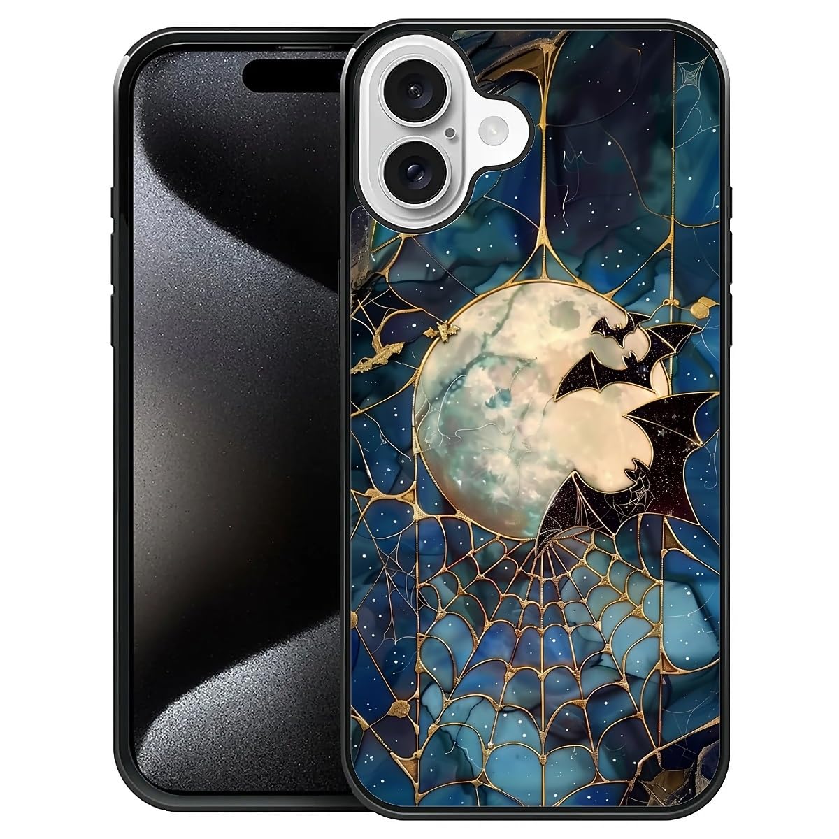 Kapadiy Compatible with iPhone 16 Plus Case,Stained Glass Bats Spooky Moon for Men Woman,Soft Silicone Shock-Proof and Skid-Proof for Protective Case
