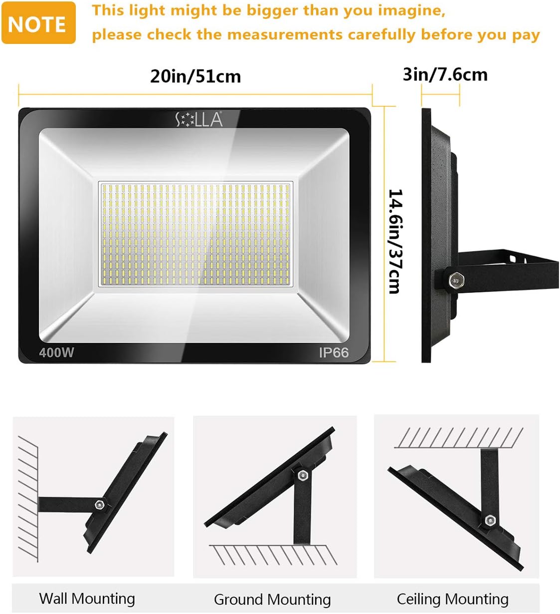 Diagram showing dimensions of the 400W SOLLA LED Flood Light and illustrations of wall, ground, and ceiling mounting options.
