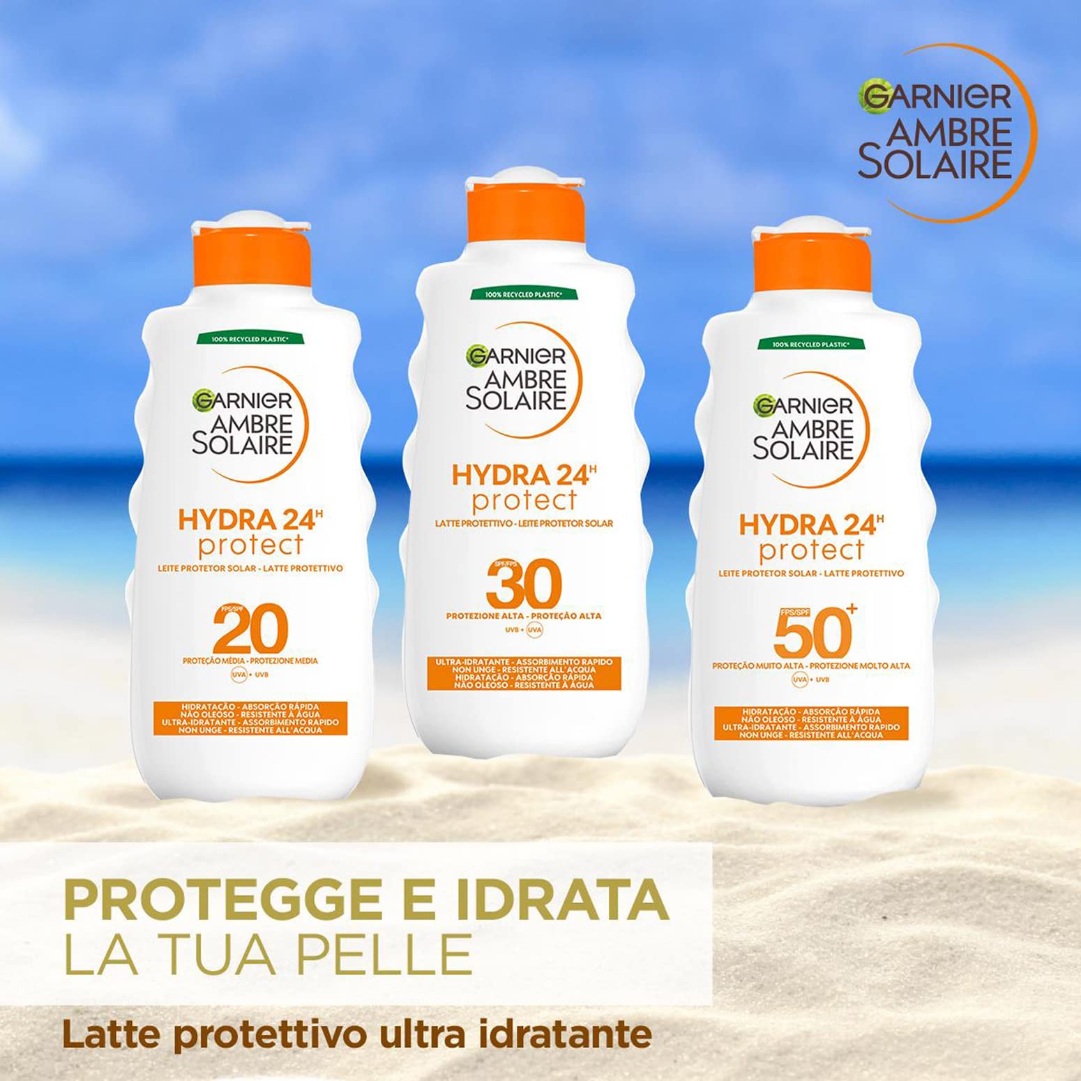 Garnier Ambre Solaire Latte Protettivo Hydra 24H Protect, Viso e Corpo, Ultra-Idratante per Tutto il Giorno, Con Protezione Alta SPF 30, Resistente all'Acqua, A Rapido Assorbimento, 200 ml