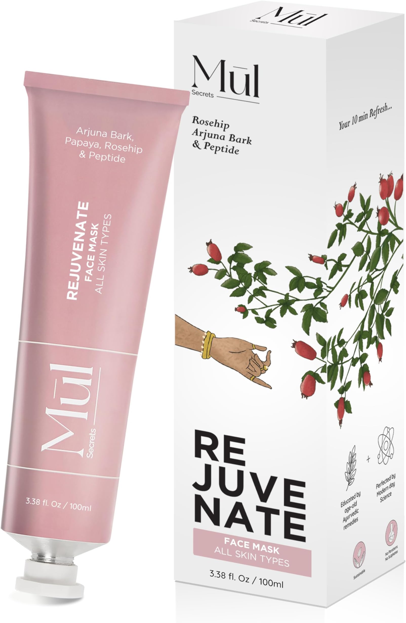 Mul Secrets Wellness Rejuvenate Skin Tightening Face Mask & Scrub 100 ml - Gel Mask with Peptides & Rosehip, For all Skin Types, Reduces Fine Lines & Wrinkles, Instant Glowing Plump Skin, (30+ Uses)