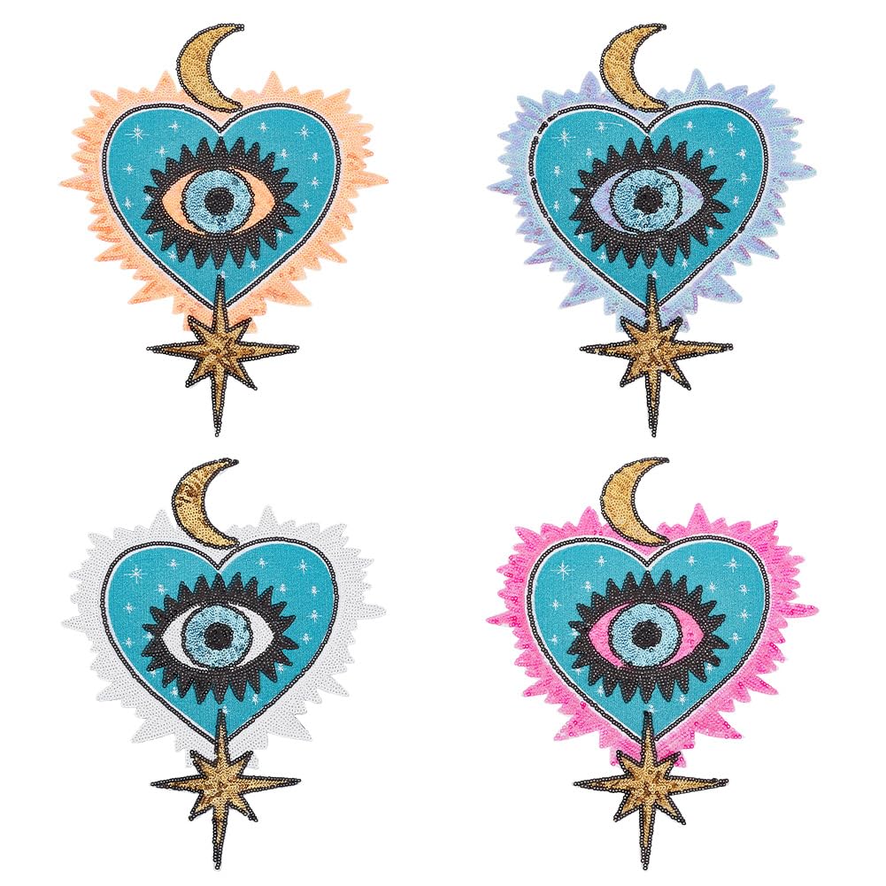AHANDMAKER 4Pcs Large Heart Eye Beaded Patches for Clothes, 4 Colors Heart Evil Eye Sequined Patch with Moon Star Sew on Beaded Applique for Clothes Jeans Jackets Bags Embroidery Garment Accessory