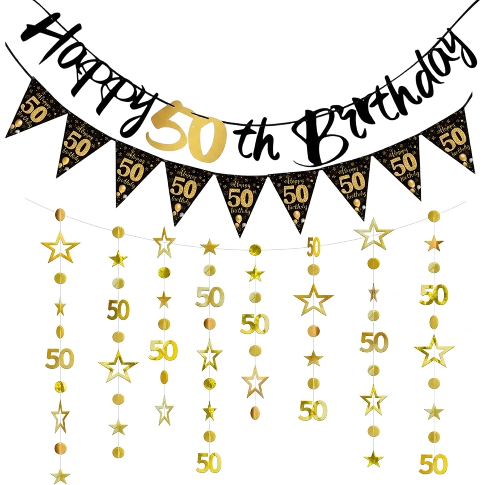 50th Birthday Decorations Set, 50th Birthday Banner Gold "Happy 50th", 50th Birthday Banners 3m Black Gold – Durable Bunting, Backdrop for Him Her – Perfect for 50th Party, Home, Outdoor
