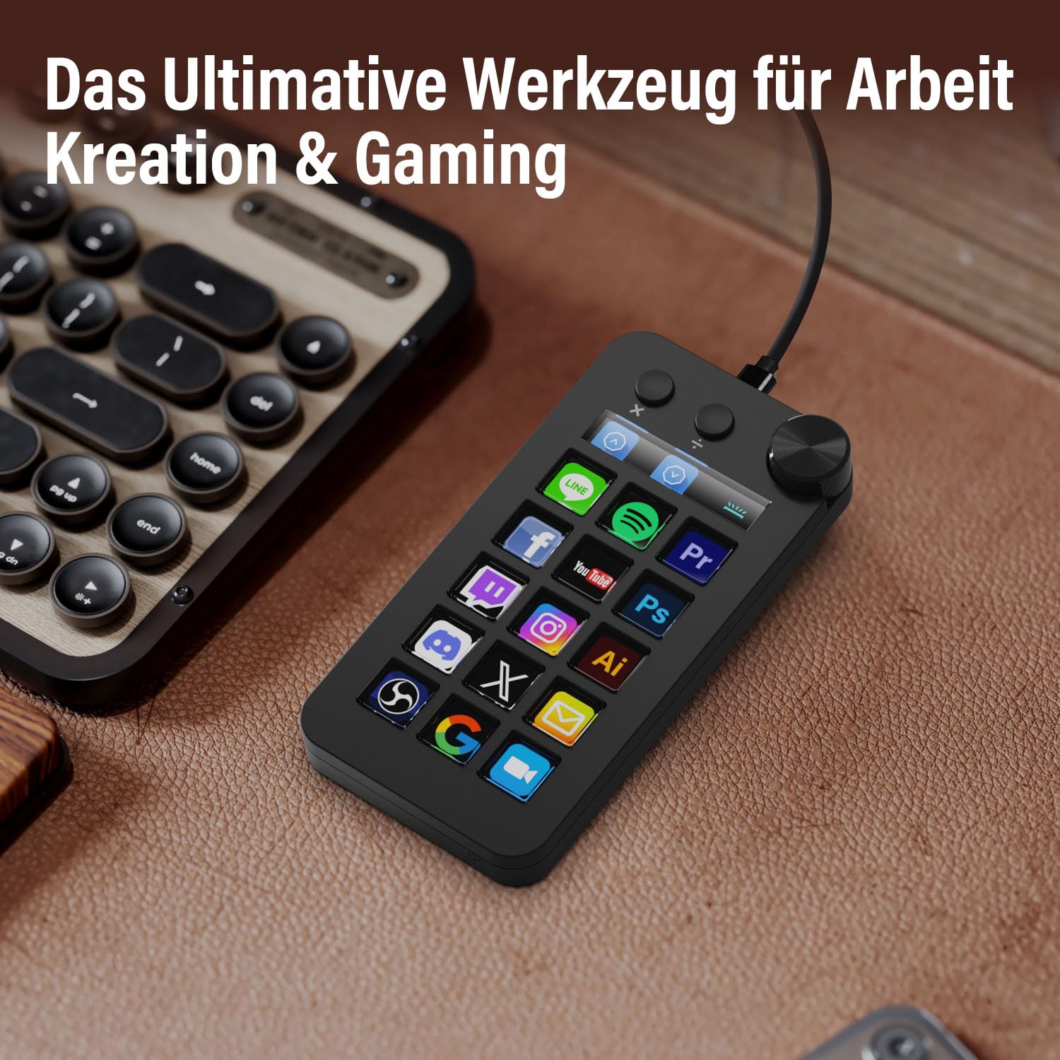 Basicolor N1 3-in-1 Stream Controller Deck,Professional Macro Keypad with 15 Animated LCD Keys,Knob&Display,Doubles as Numpad&Calculator for Streaming&Productivity(Win10+/Mac14.0+)-Black