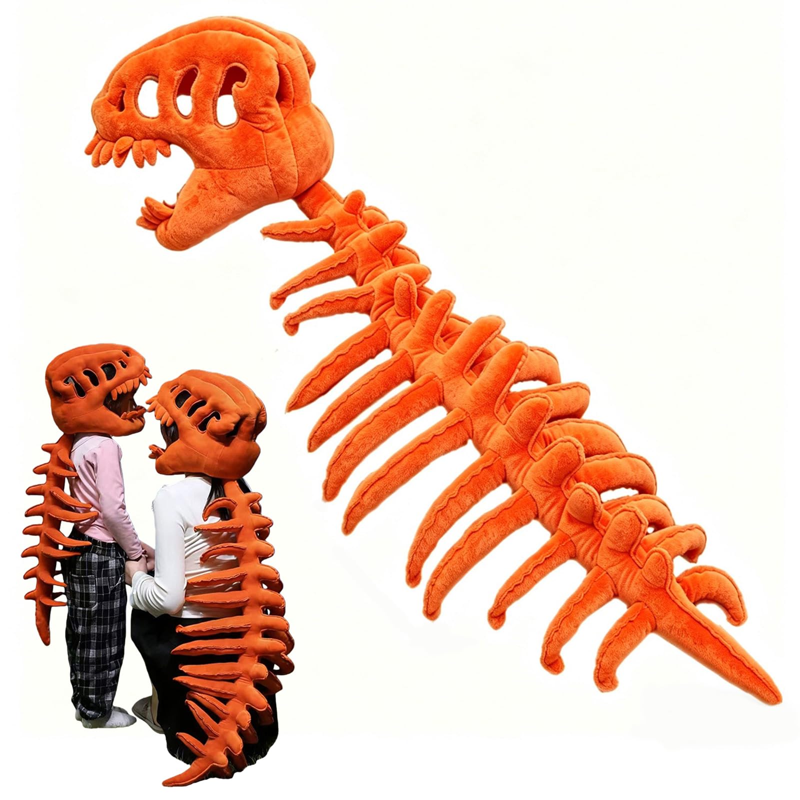 46 inch Adult Dinosaur Skeleton Fancy Dress Costume – Silly Dino Plush Halloween Outfit with Hood and Back Spikes Cosplay Wearable for Men Women