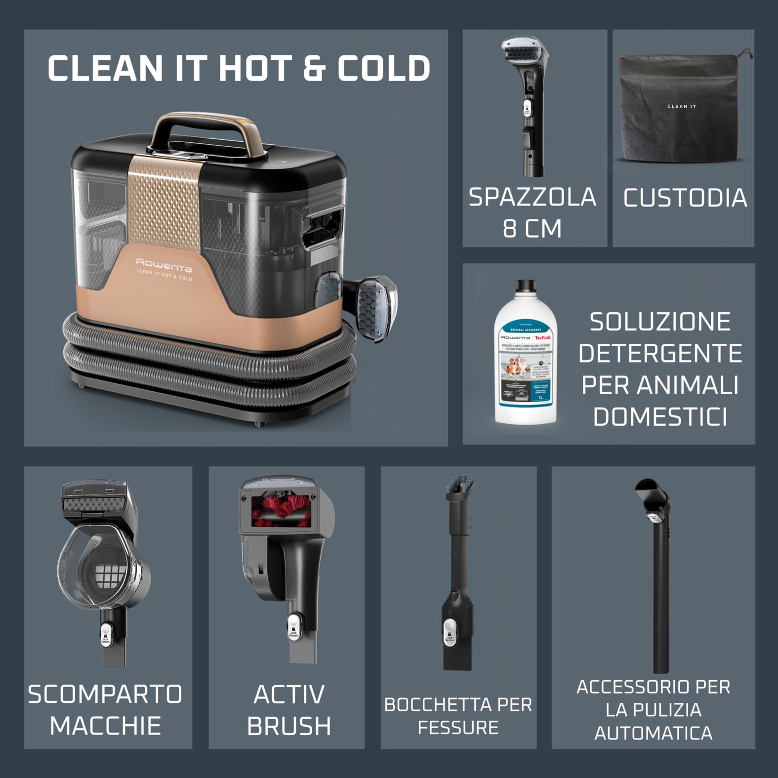 Rowenta Clean It Hot & Cold, Smacchiatore 3 in 1 con Tecnologia PowerHeat, per Pulizia a Caldo e Freddo di Tappeti, Divani e Auto, Colore Copper Tinto, 1150W, IN7021