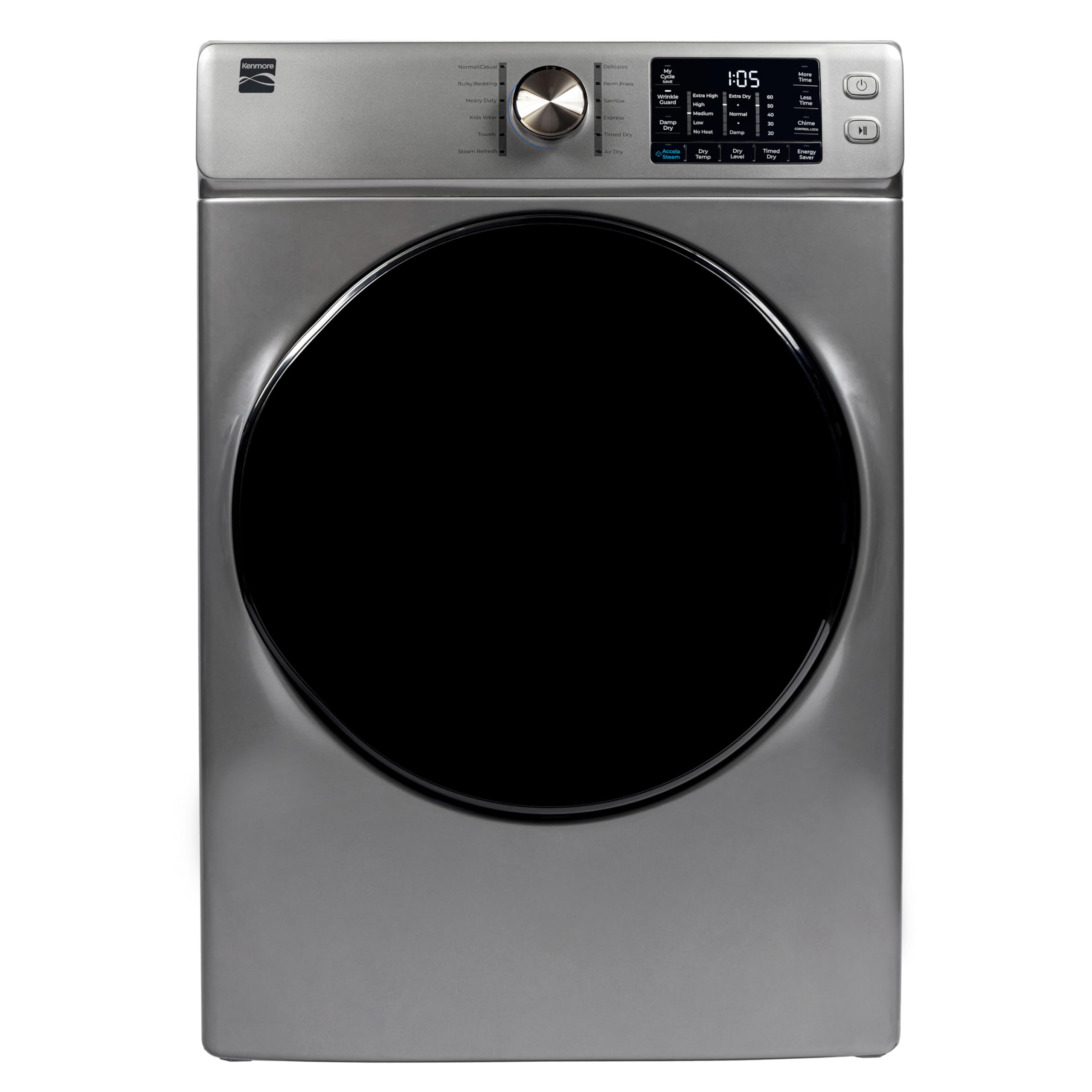 Secadora a gas Kenmore de 8.0 pies cúbicos con carga frontal, protección contra arrugas y Accela Steam para reducir la estática y los olores, sensor de desinfección inteligente, secado LED plateado metálico