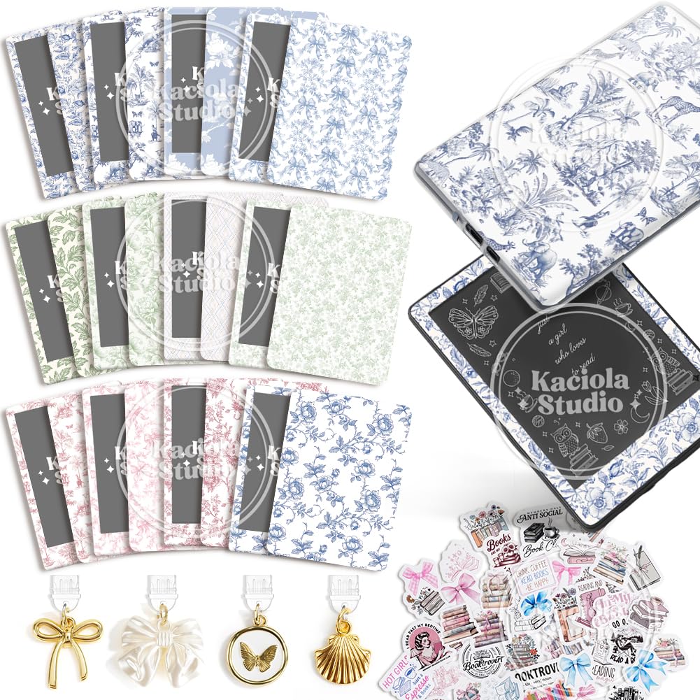 KACIOLA STUDIO 24PCS French Floral Skin for E-Reader, and 4PCS Type C Charms for E-Reader with Scrapbook Stickers, 6.9"x4.8" Skin Front and Back Decal Inserts for Paper White 11th (French Floral)