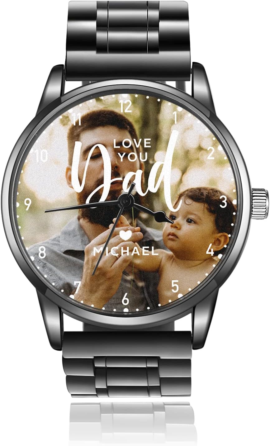Custom Watch for Men Personalized Watches Engraved Photo Name Watch Stainless Steel Wrist Watches Valentine's Day Gift for Husband Boyfriend Son Gifts