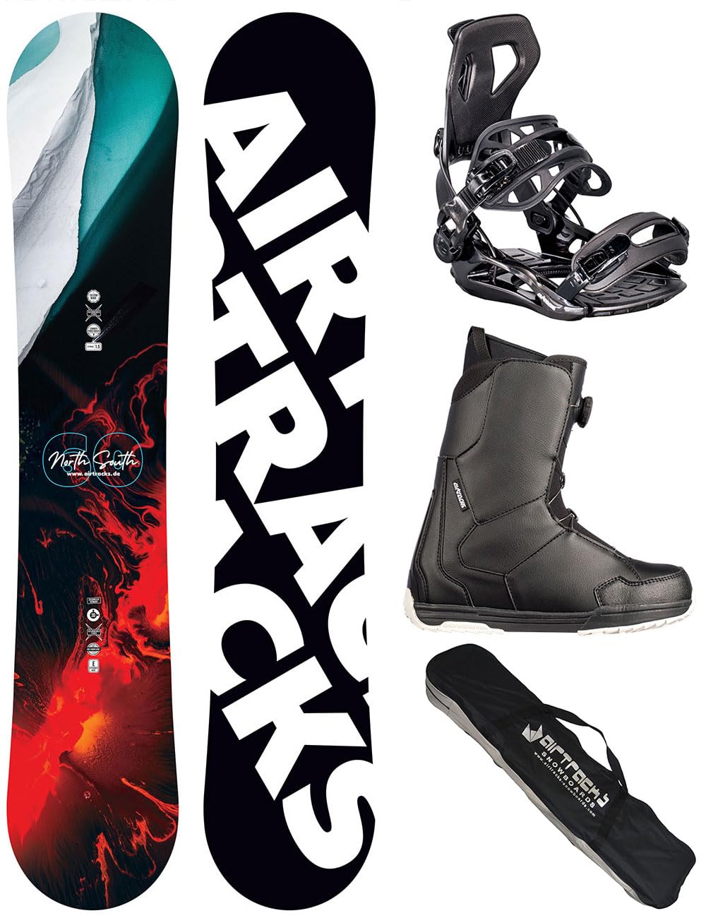 AIRTRACKS Snowboard Set Pack Planche North South Four Camber Wide + Fixations Master + Chaussures + SB Sac 150 157 159 162 cm