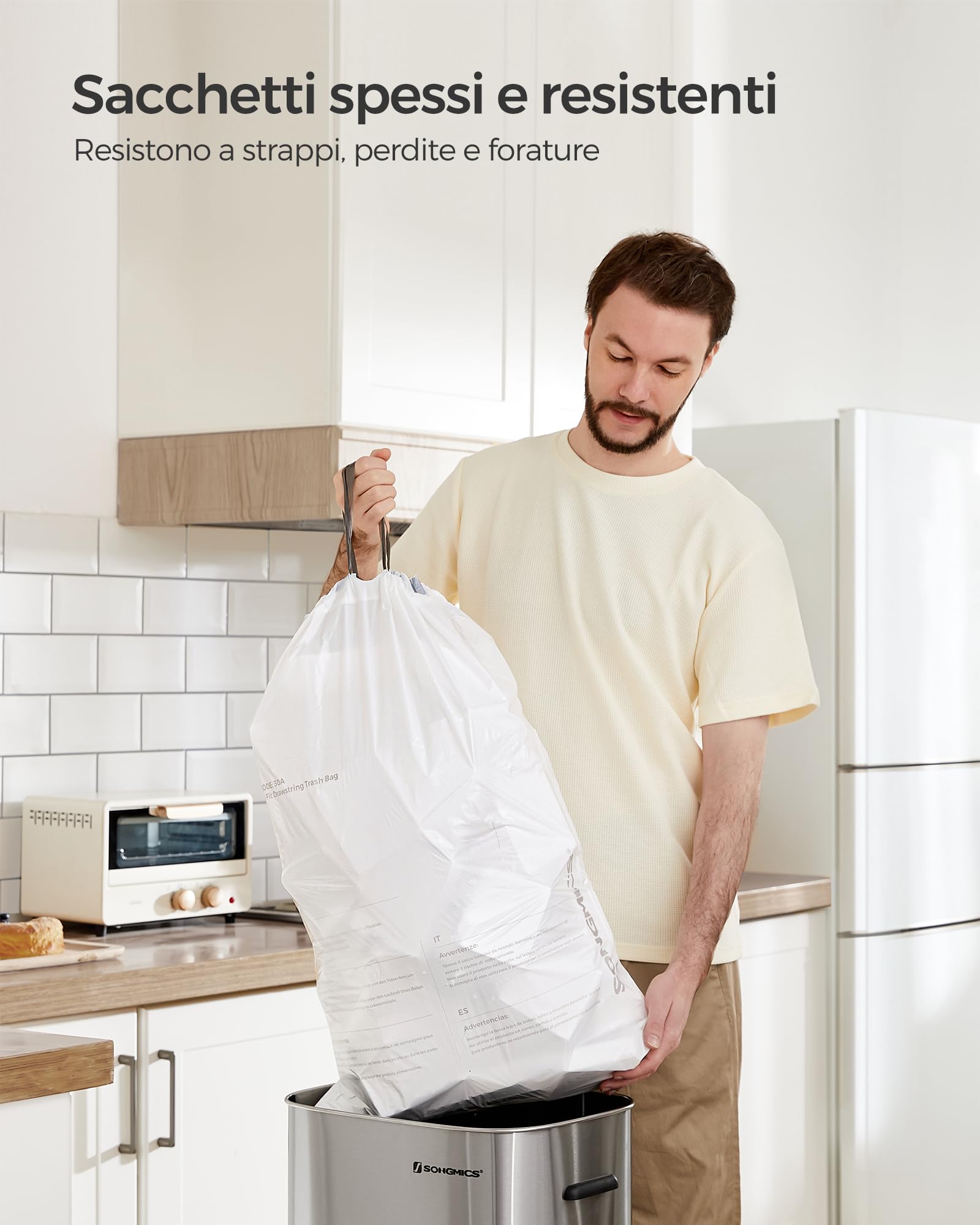SONGMICS Sacchi Spazzatura, Sacchetti per Immondizia con Manici a Cordoncino, Sacchi per Pattumiere da Cucina da 30L, Pre-separati, Codice 30A, 2 Rotoli, 90 Pezzi, Bianco KRB30A02