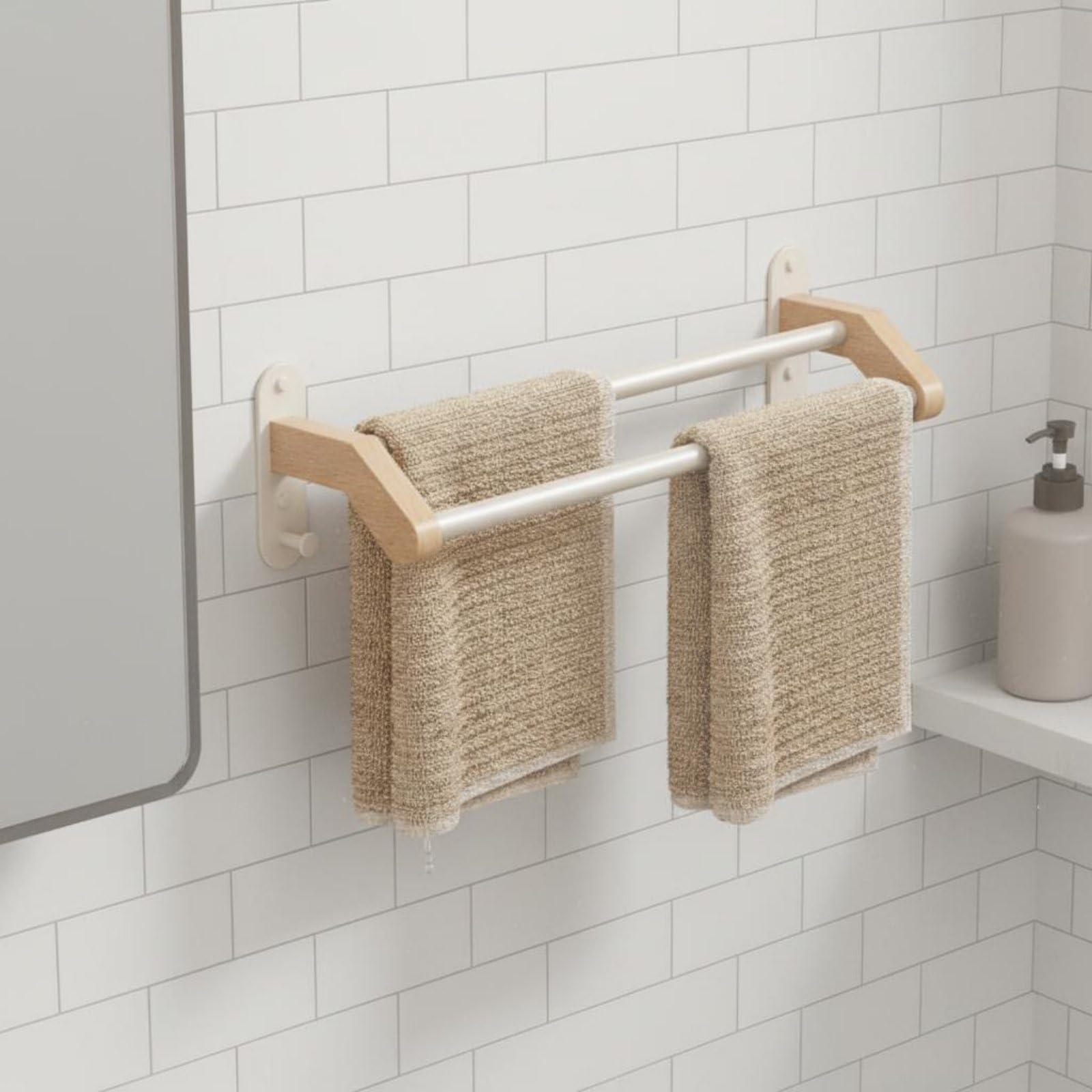 Toallero de Doble Barra Ahorra Espacio Toallero de Madera Anticorrosión Barra Toalla, 60 Cm