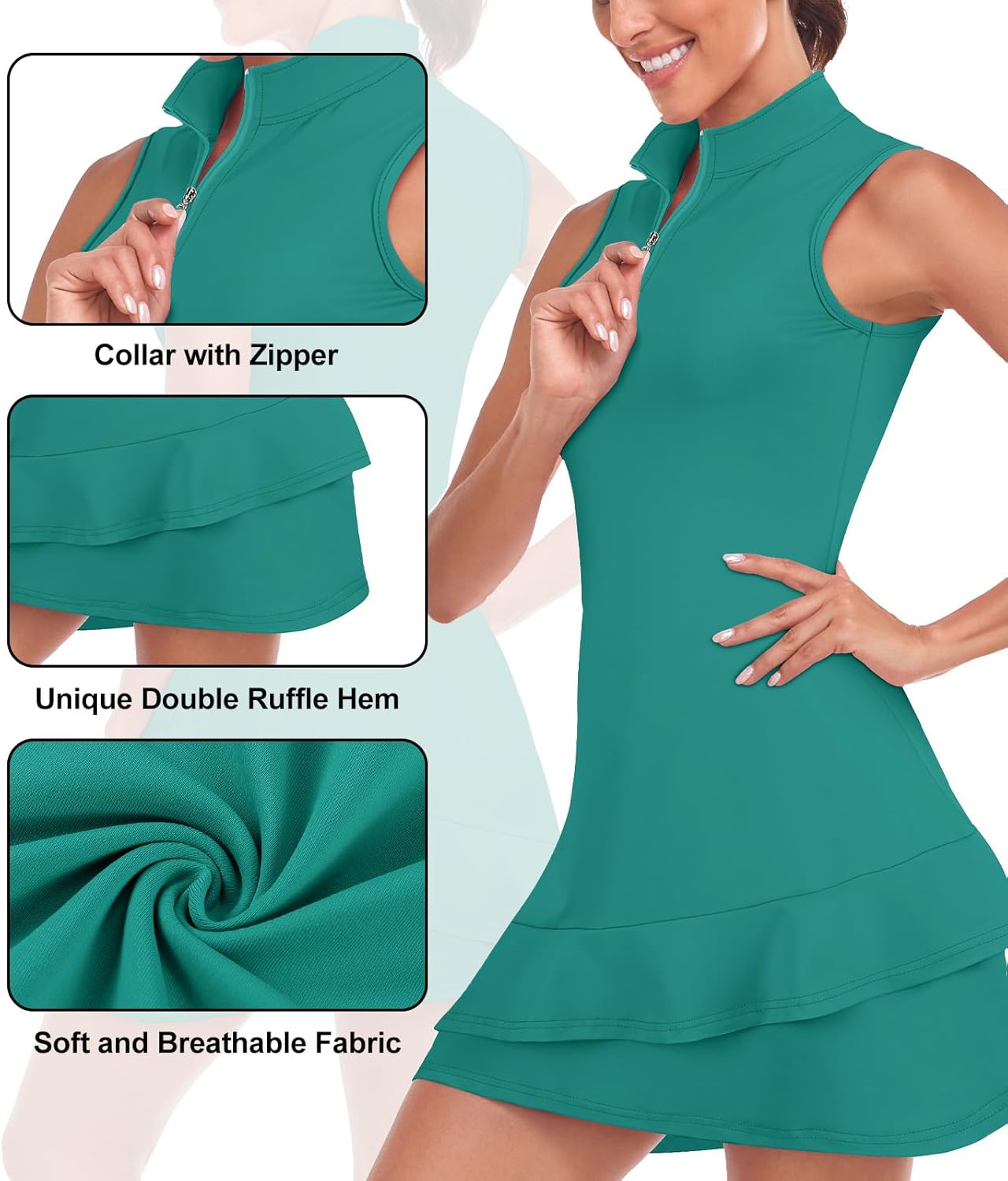 Viracy Tennis Dress for Women Sleeveless Golf Dresses with Shorts and Pockets Ruffle Zip Up Stand Collar Golf Outfits - Image 4