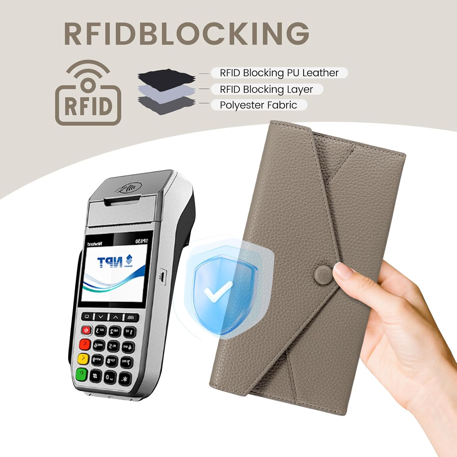 RFID Wallet Women, Ultra-Thin Ladies Wallet Soft PU Leather Clutch, Slim Envelope Credit Card Holder Wallet with Zip Pocket and 2 Cash Slots (Khaki)