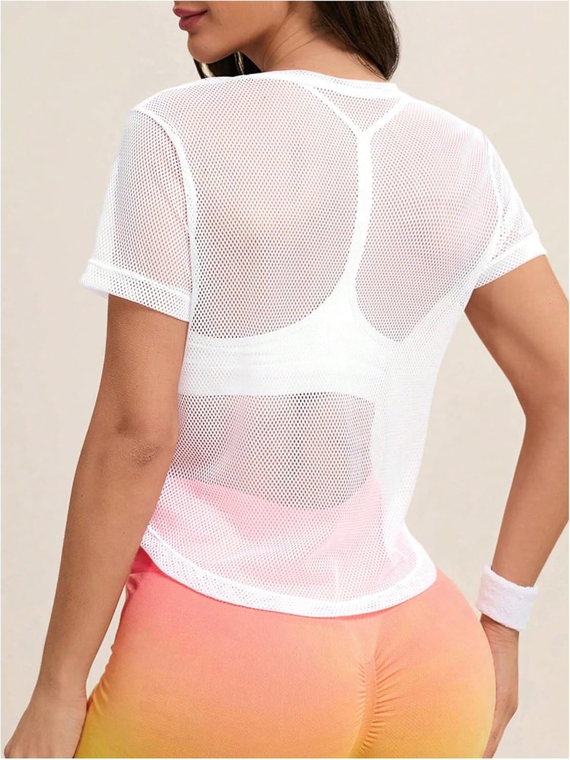SweatyRocks Women's Mesh Workout Tops Short Sleeve Round Neck Fishnet Cover Ups Tee Shirt - Image 2